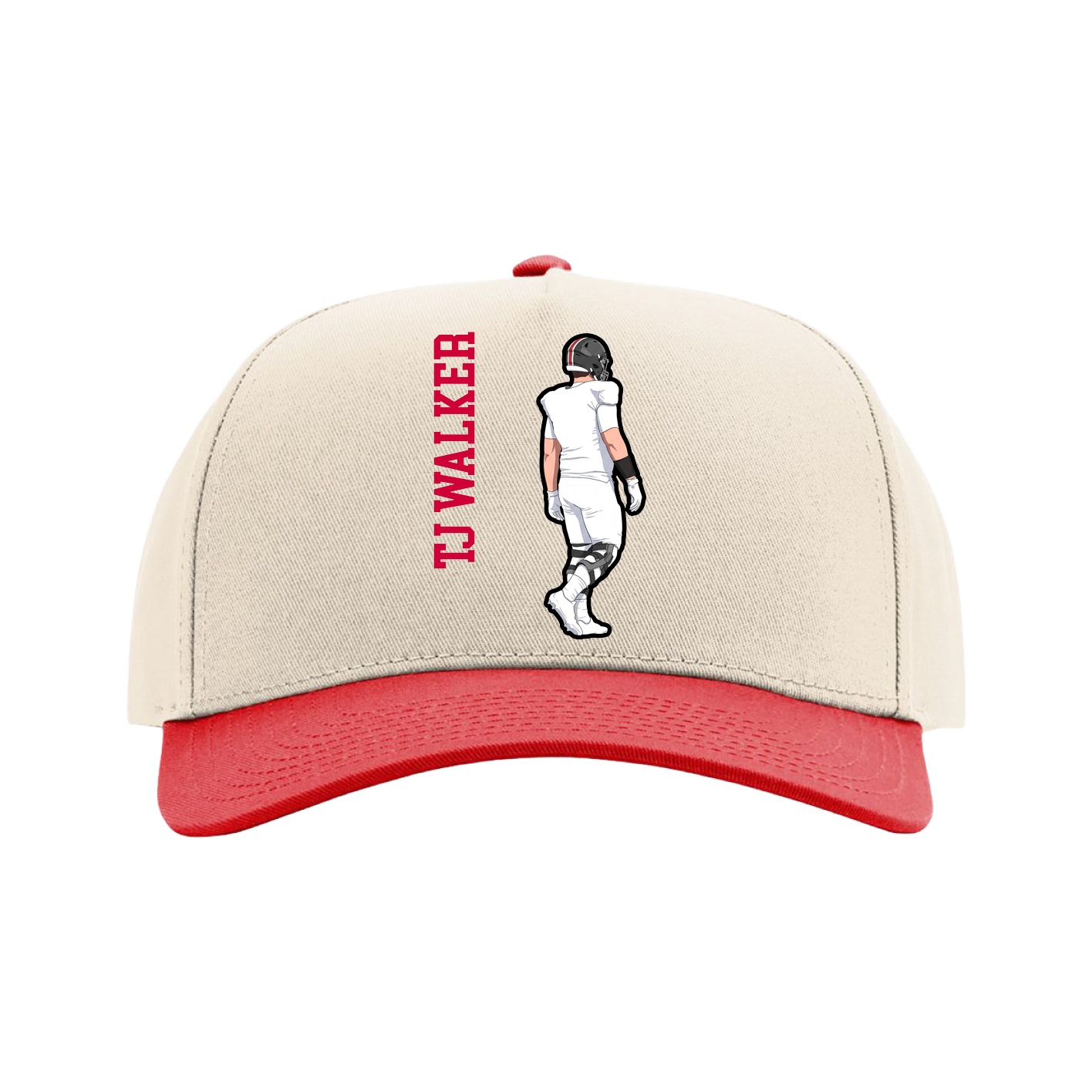 Full Fabric Five-Panel Champ Cap — Name Vertical in Cream/Red