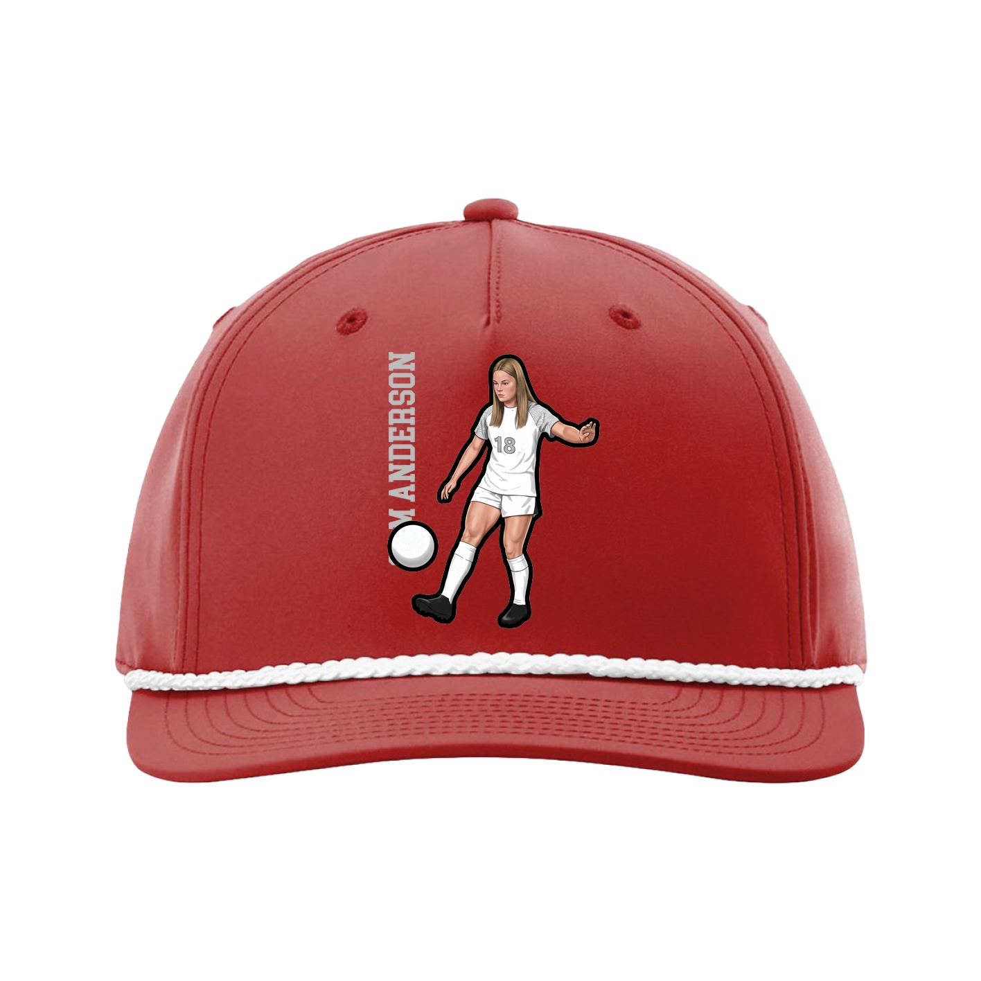 Five-Panel Classic Rope Cap — Name Vertical in Red