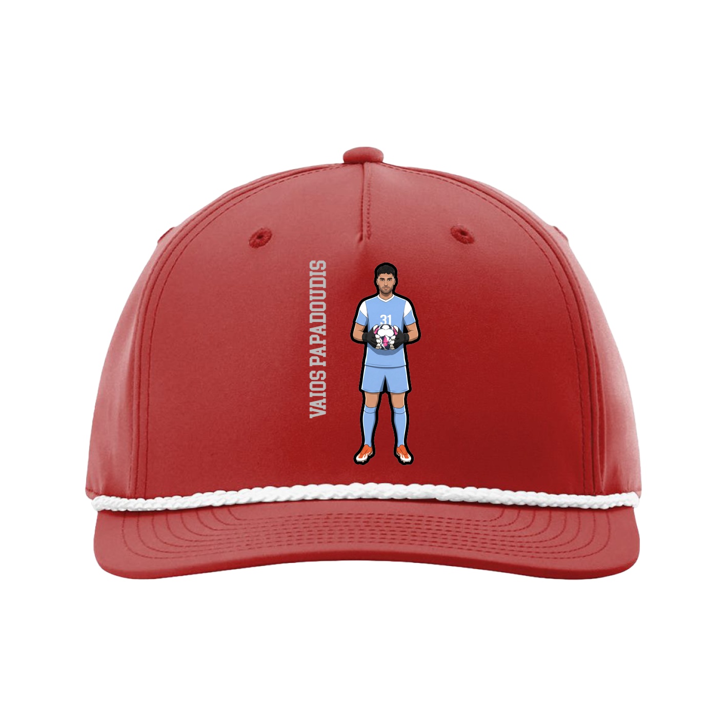 Five-Panel Classic Rope Cap — Name Vertical in Red