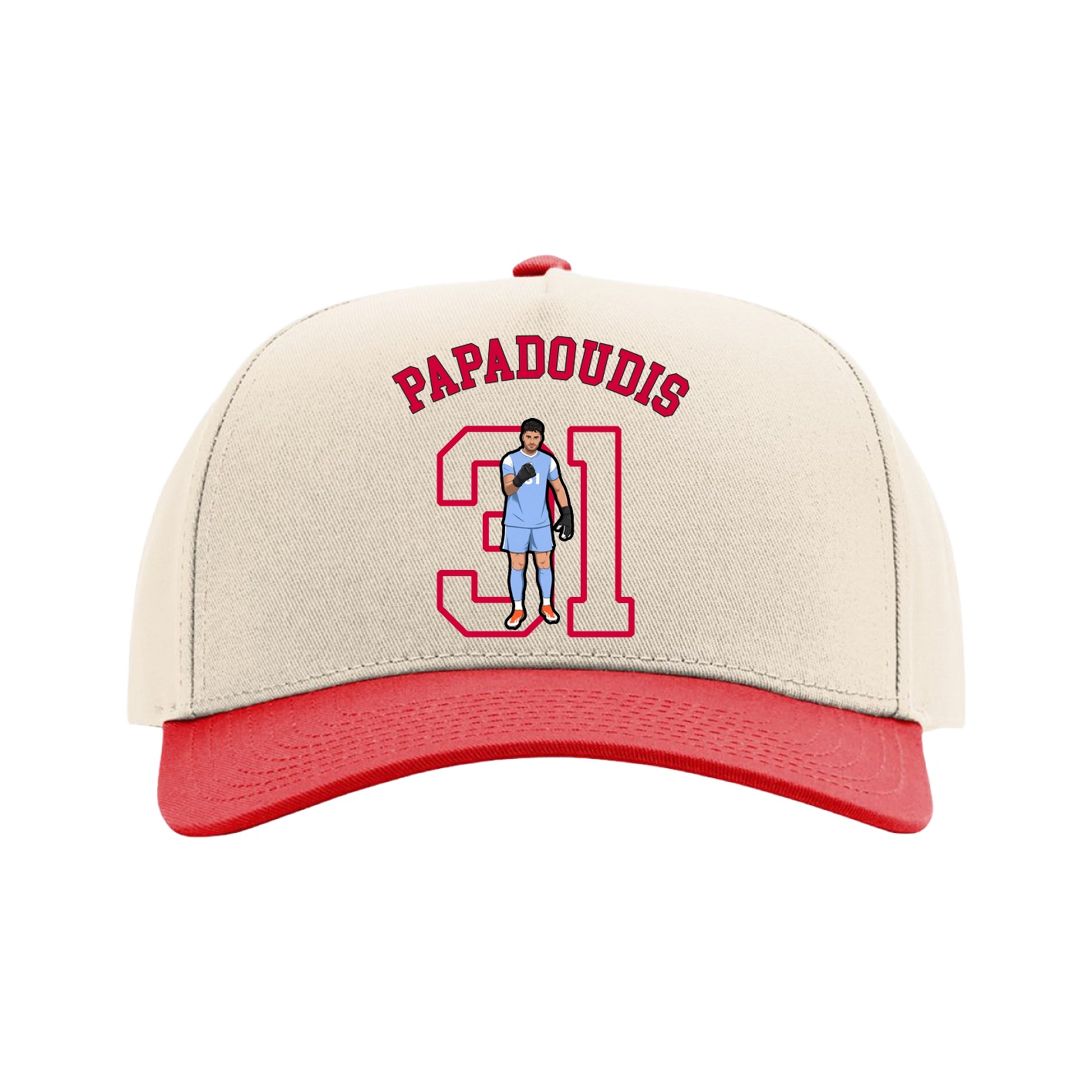 Full Fabric Five-Panel Champ Cap — Shirsey Arch in Cream/Red