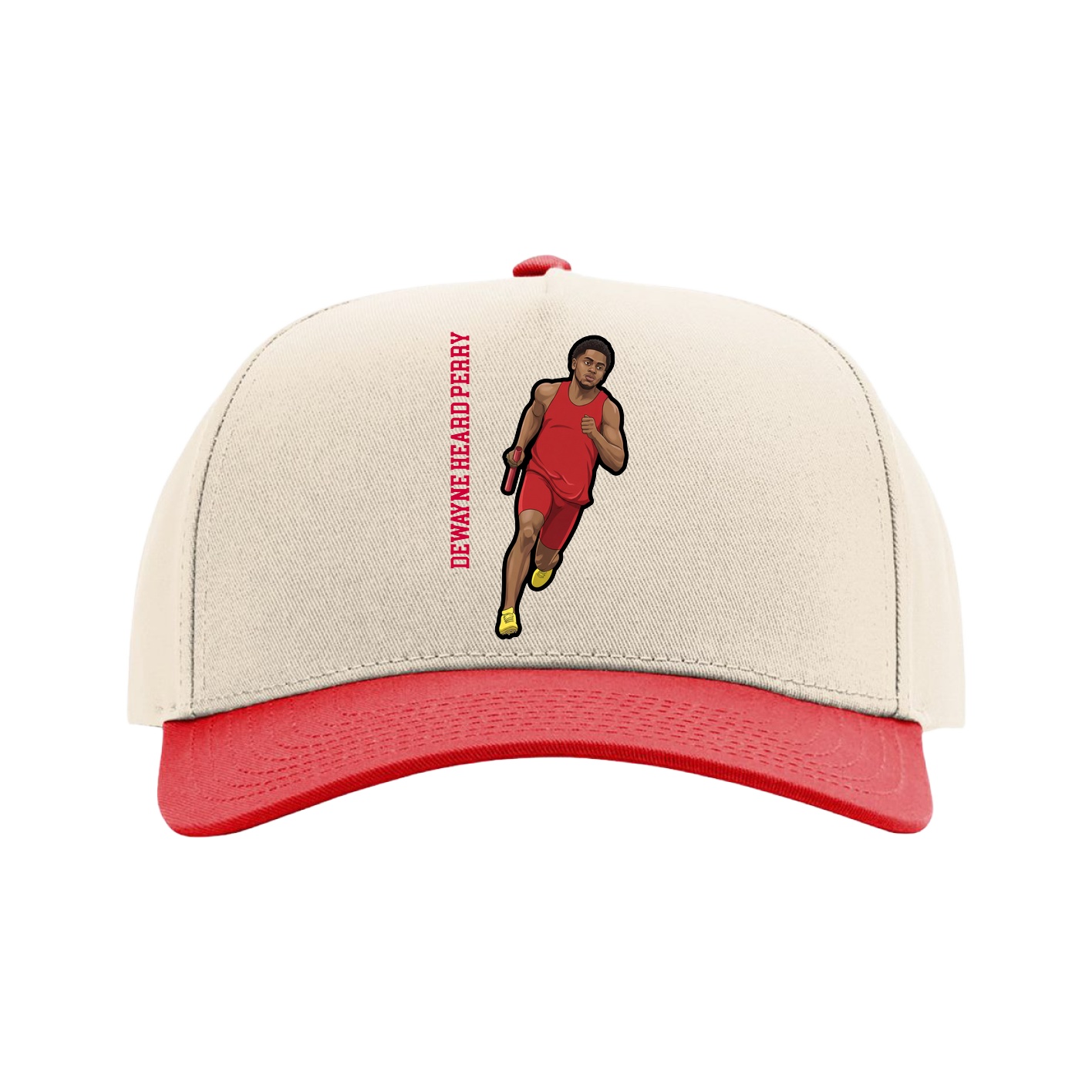 Full Fabric Five-Panel Champ Cap — Name Vertical in Cream/Red