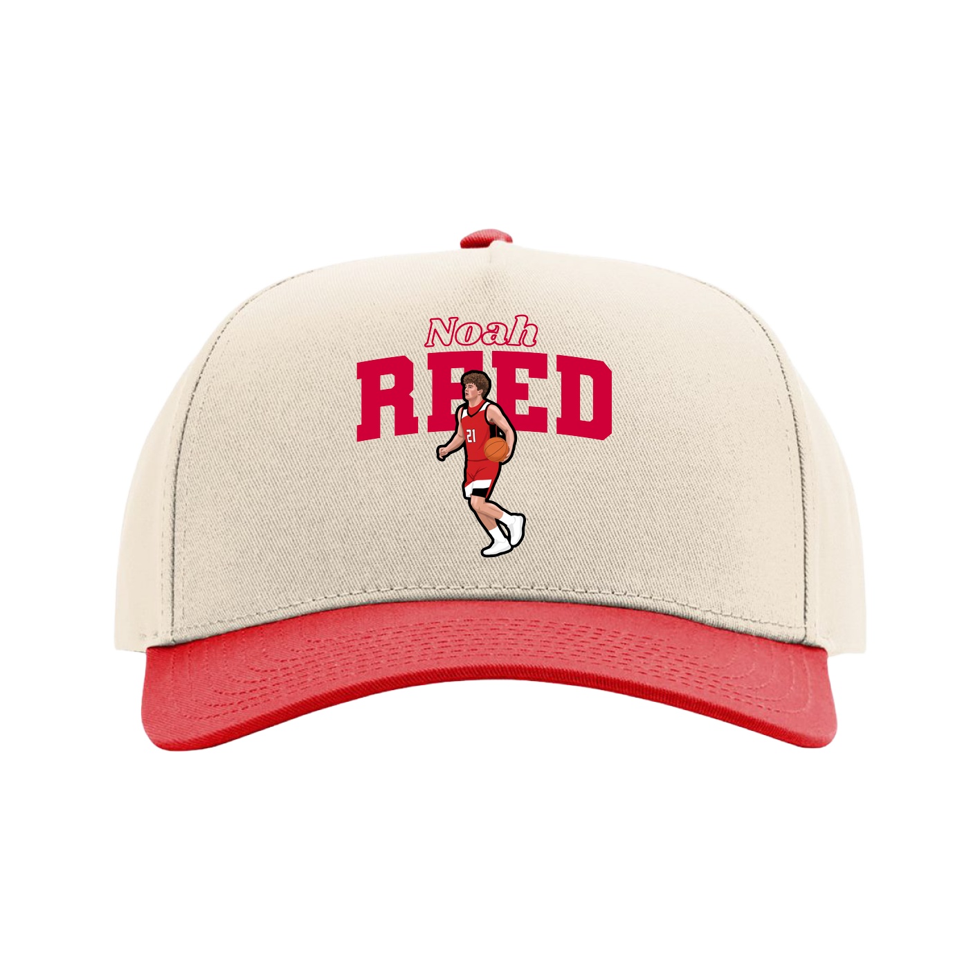 Full Fabric Five-Panel Champ Cap — Name Arch in Cream/Red