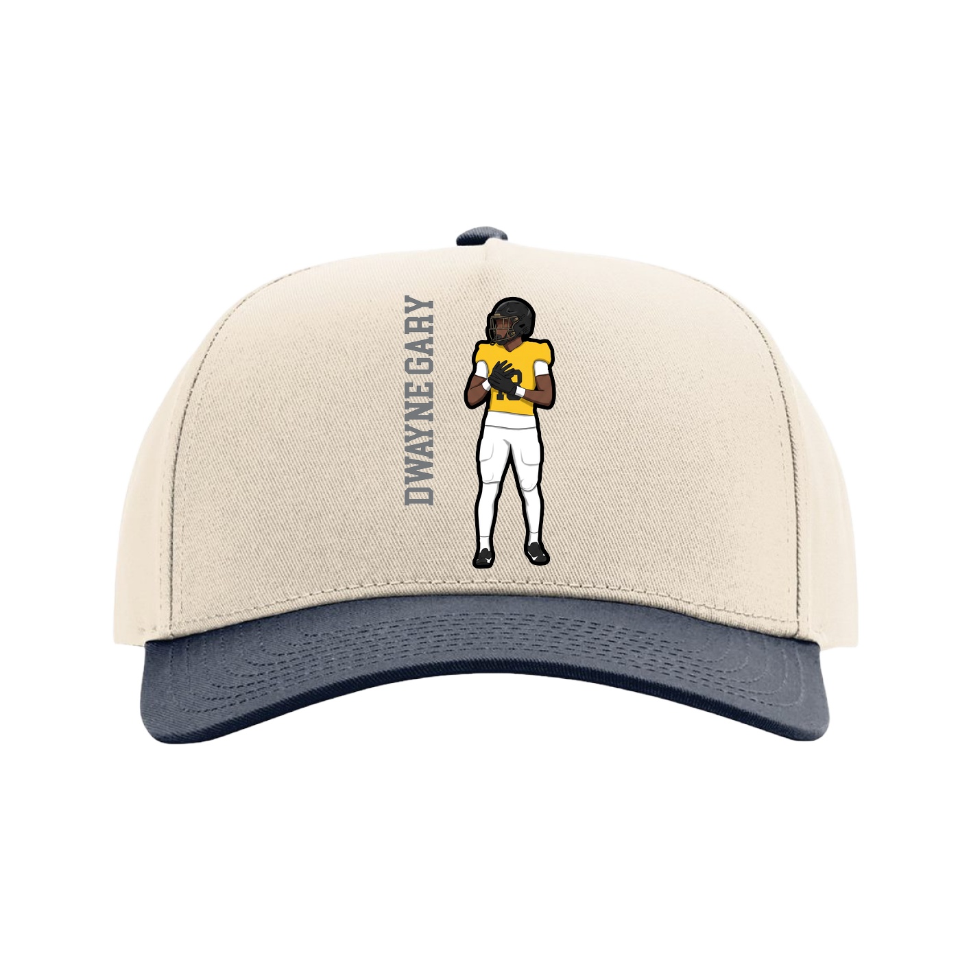 Full Fabric Five-Panel Champ Cap — Name Vertical in Cream/Navy