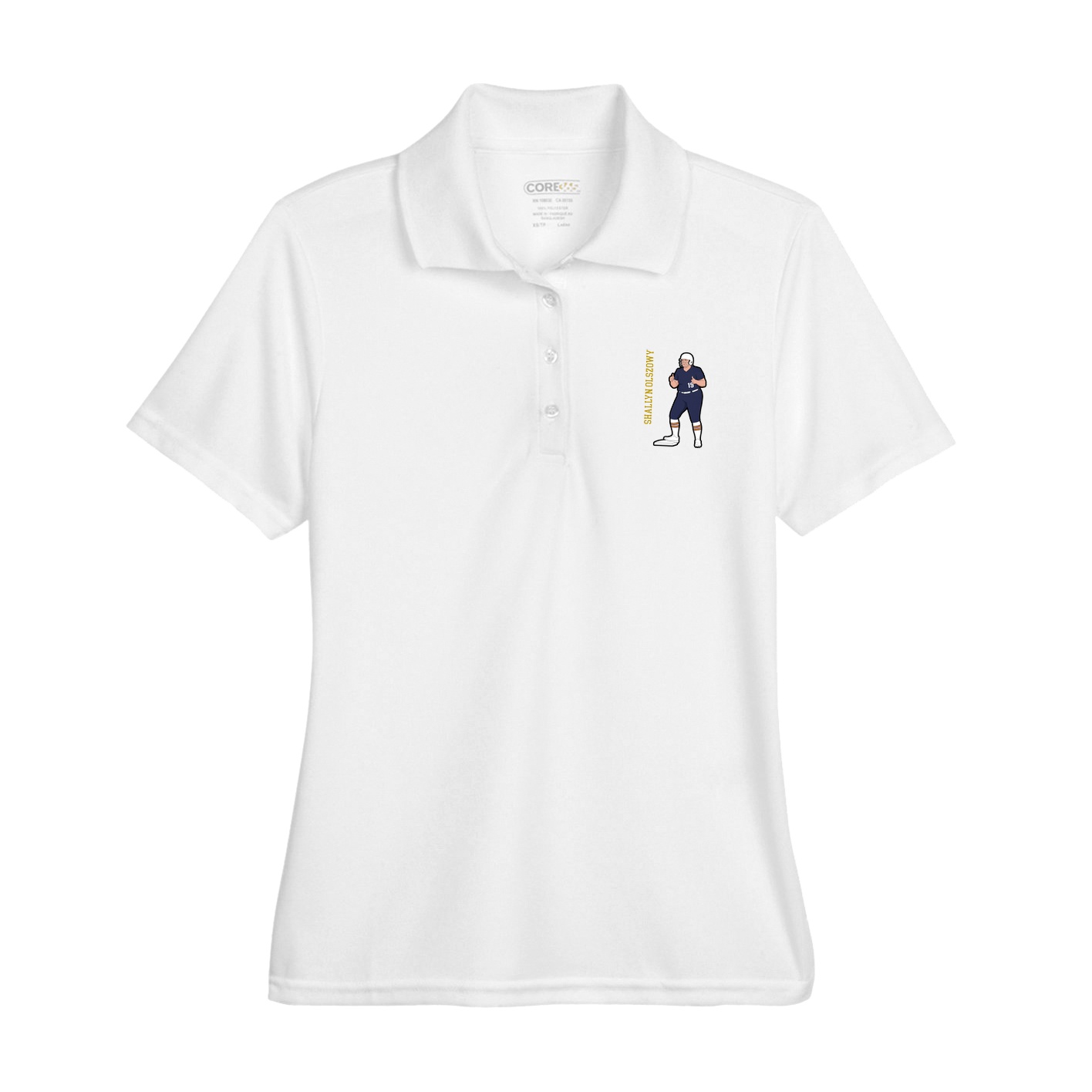 Womens Performance Polo — Name Vertical in White