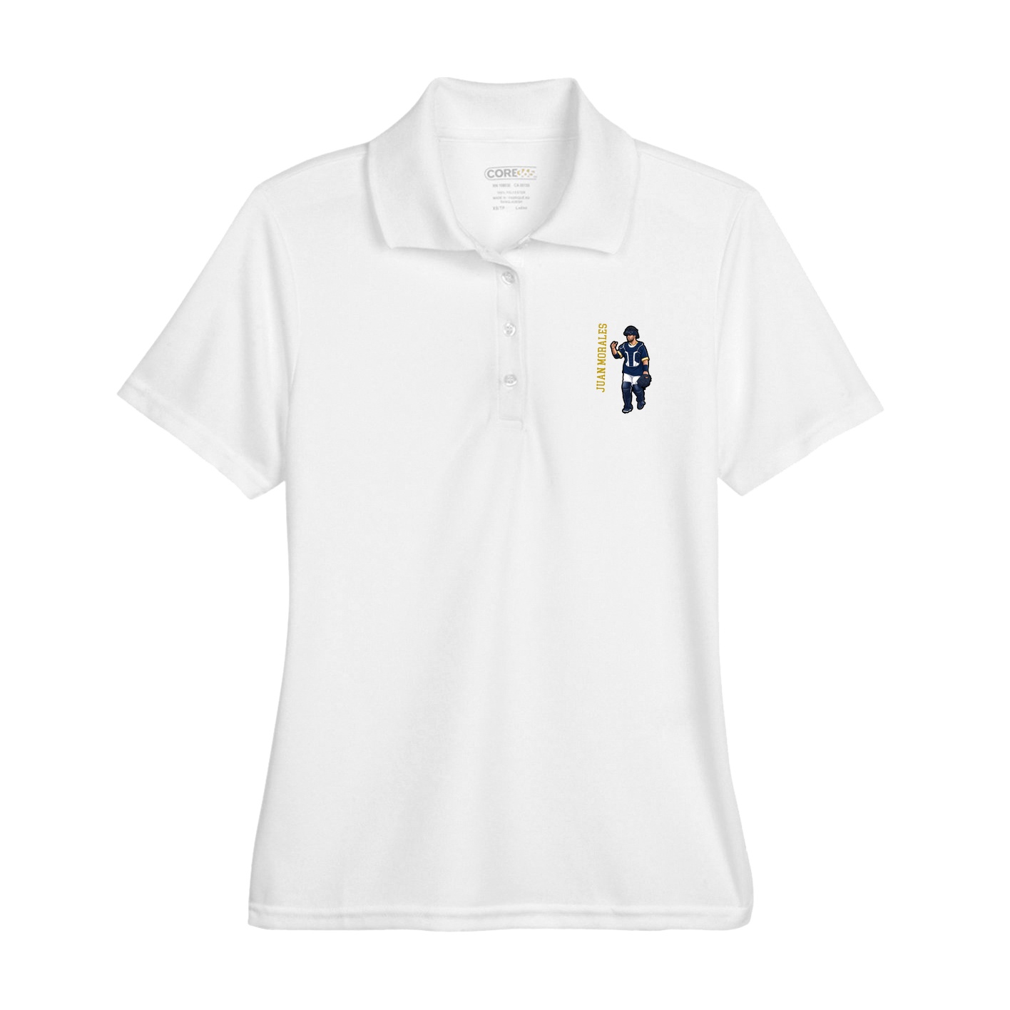 Womens Performance Polo — Name Vertical in White