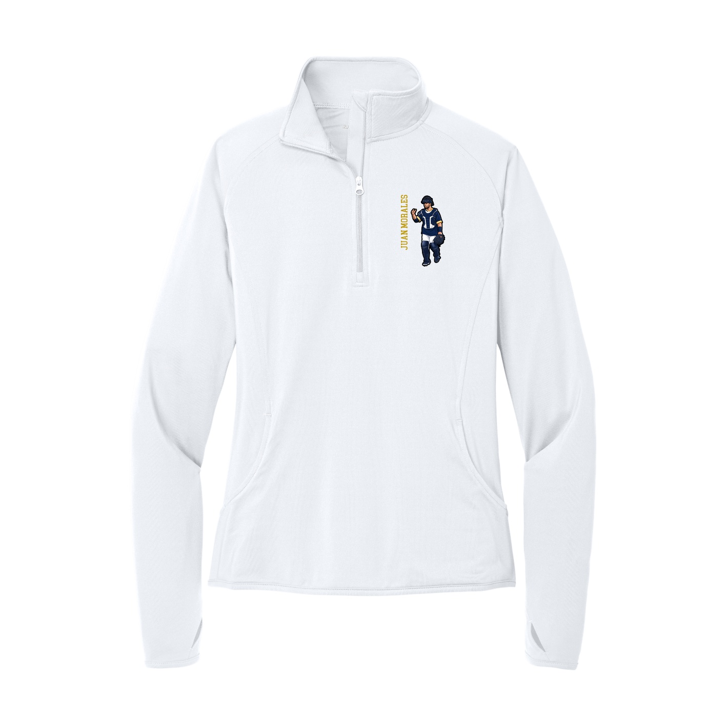 Women's Q-Zip Pullover — Name Vertical in White