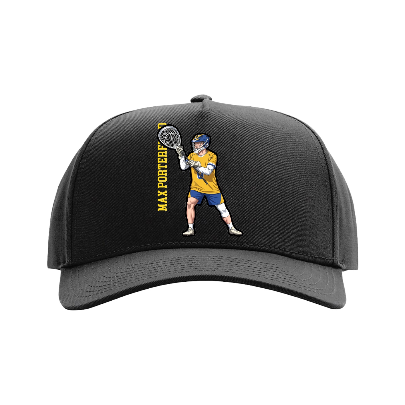 Full Fabric Five-Panel Champ Cap — Name Vertical in Black