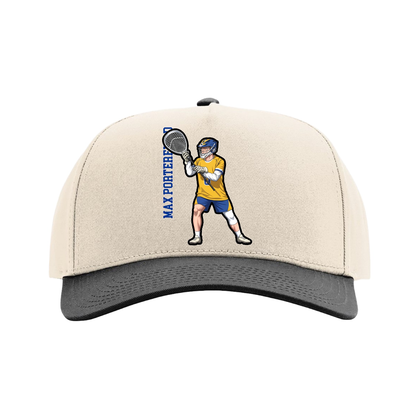 Full Fabric Five-Panel Champ Cap — Name Vertical in Cream/Black