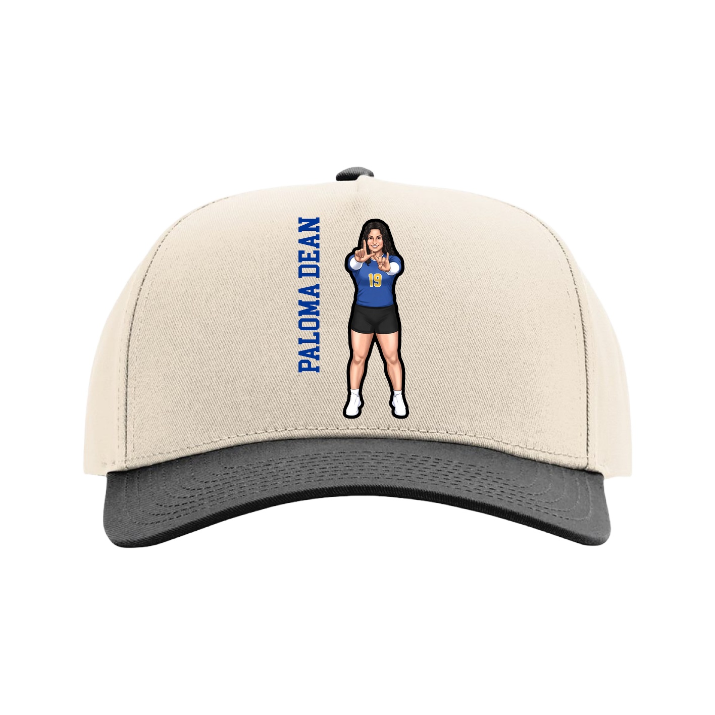 Full Fabric Five-Panel Champ Cap — Name Vertical in Cream/Black