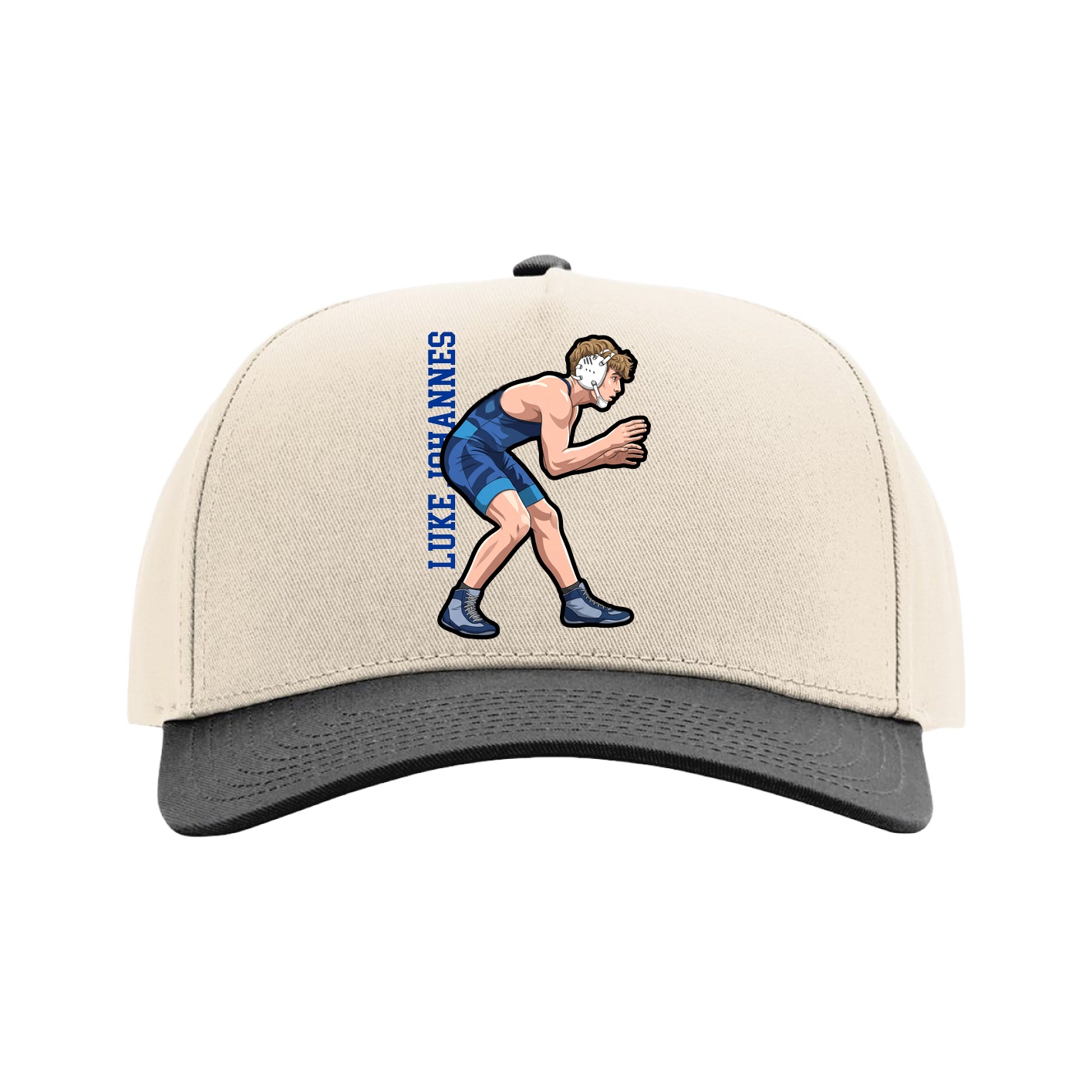 Full Fabric Five-Panel Champ Cap — Name Vertical in Cream/Black