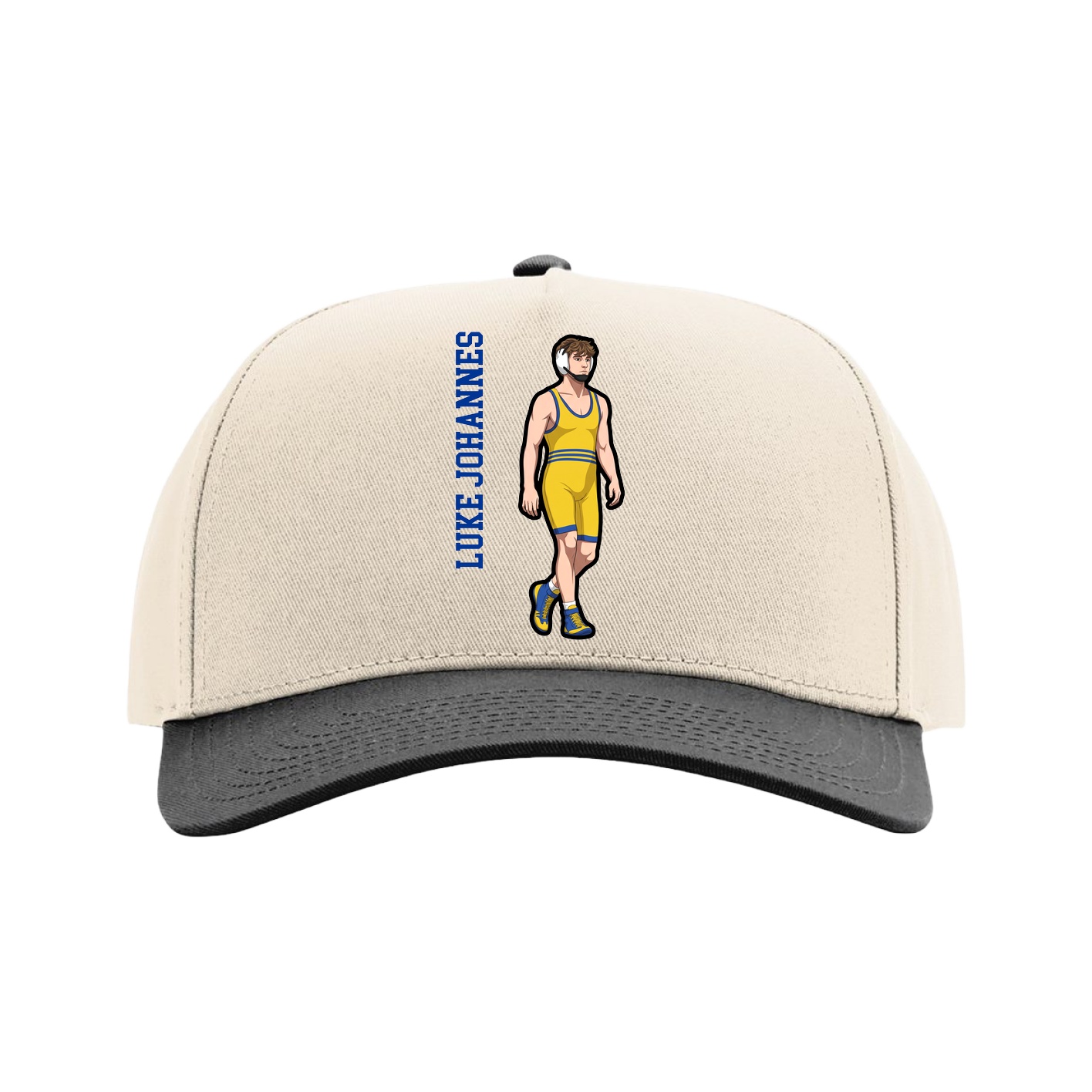 Full Fabric Five-Panel Champ Cap — Name Vertical in Cream/Black