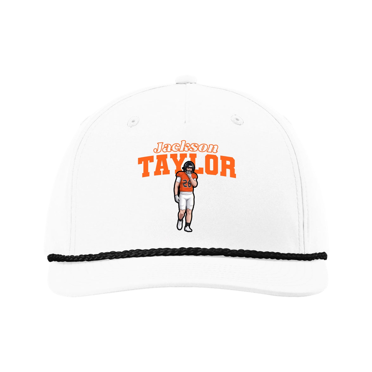 Five-Panel Classic Rope Cap — Name Arch in White