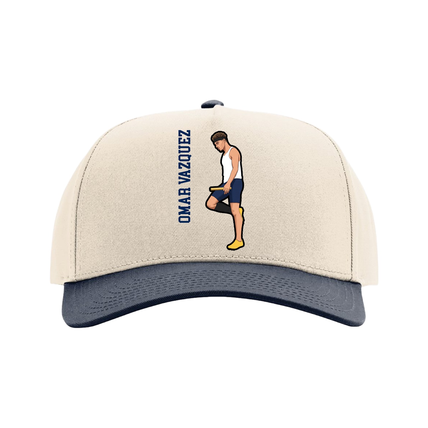 Full Fabric Five-Panel Champ Cap — Name Vertical in Cream/Navy