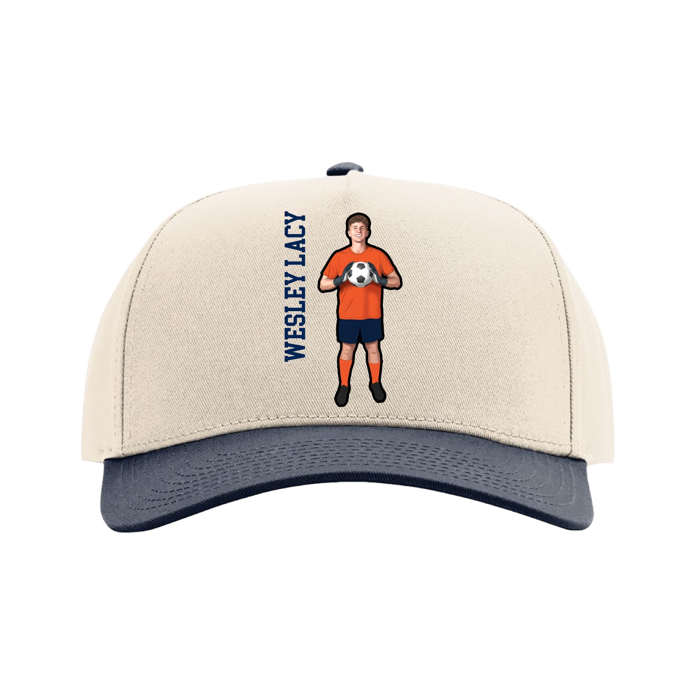 Full Fabric Five-Panel Champ Cap — Name Vertical in Cream/Navy