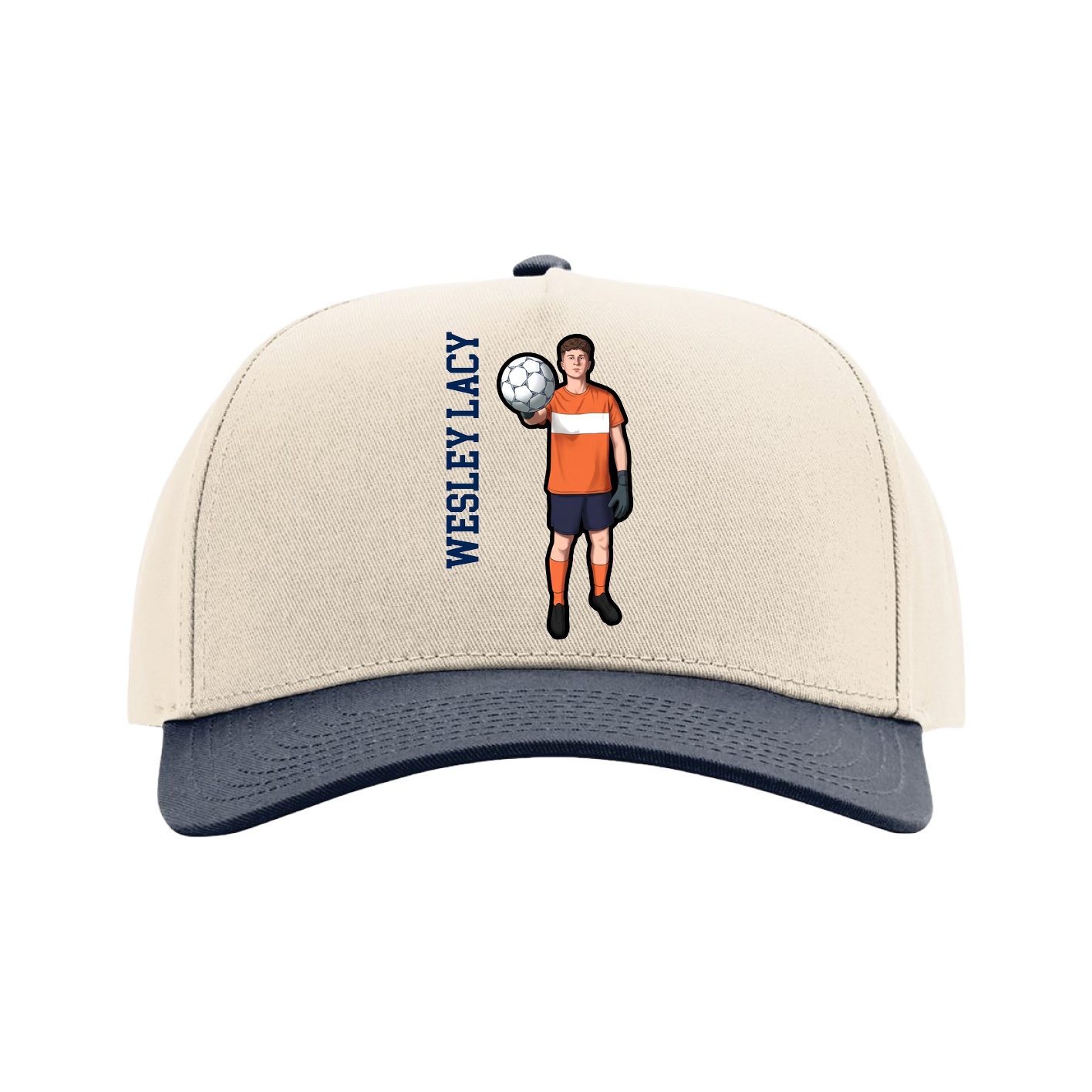 Full Fabric Five-Panel Champ Cap — Name Vertical in Cream/Navy