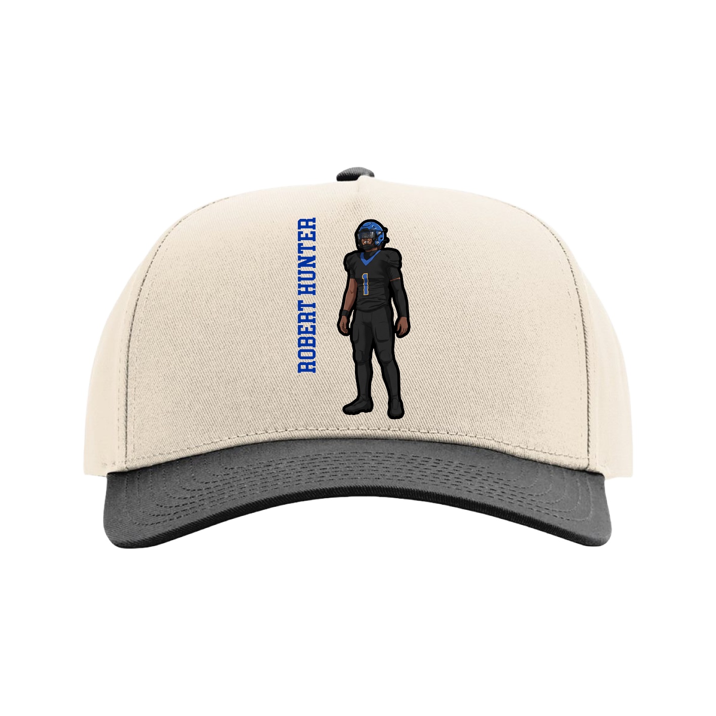 Full Fabric Five-Panel Champ Cap — Name Vertical in Cream/Black