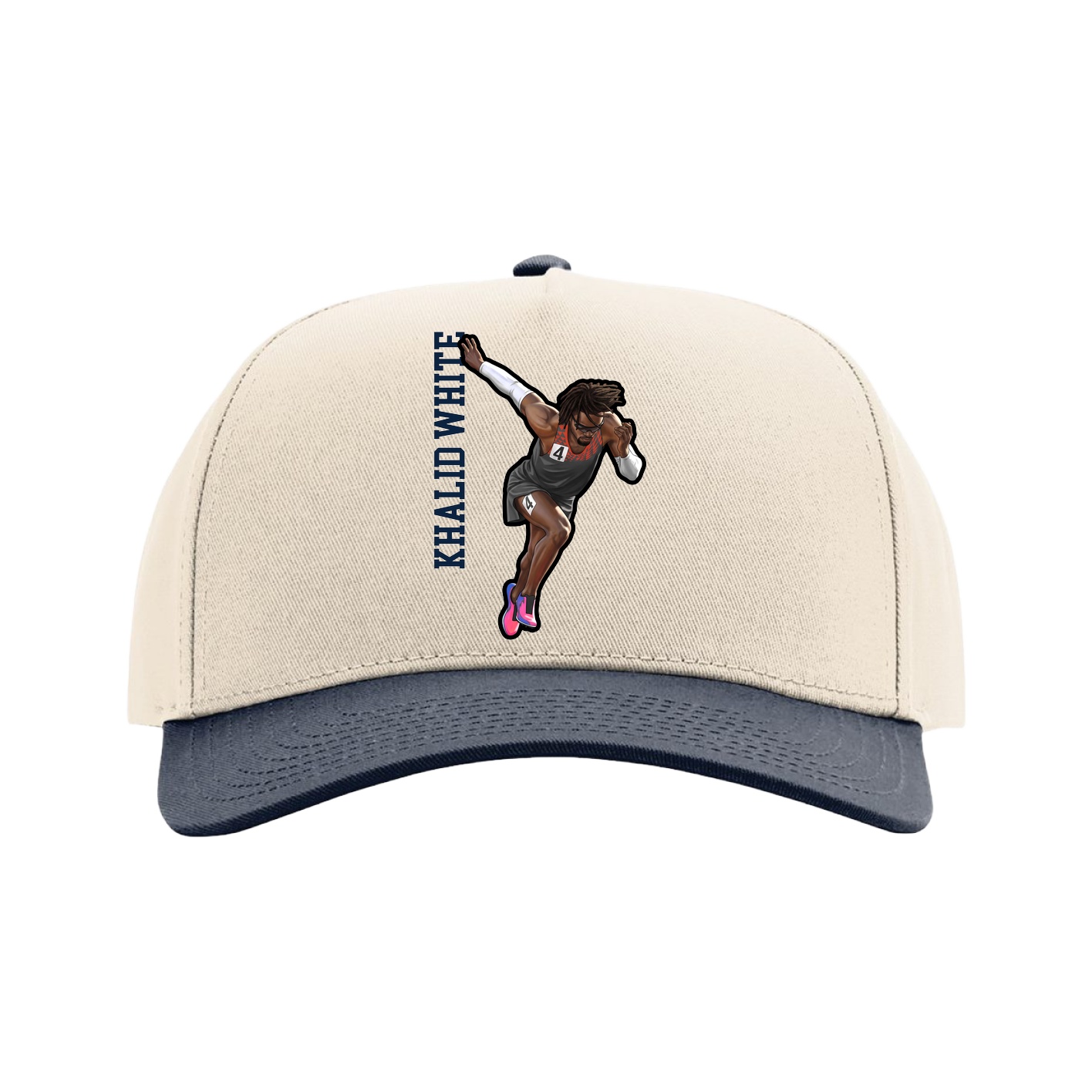 Full Fabric Five-Panel Champ Cap — Name Vertical in Cream/Navy