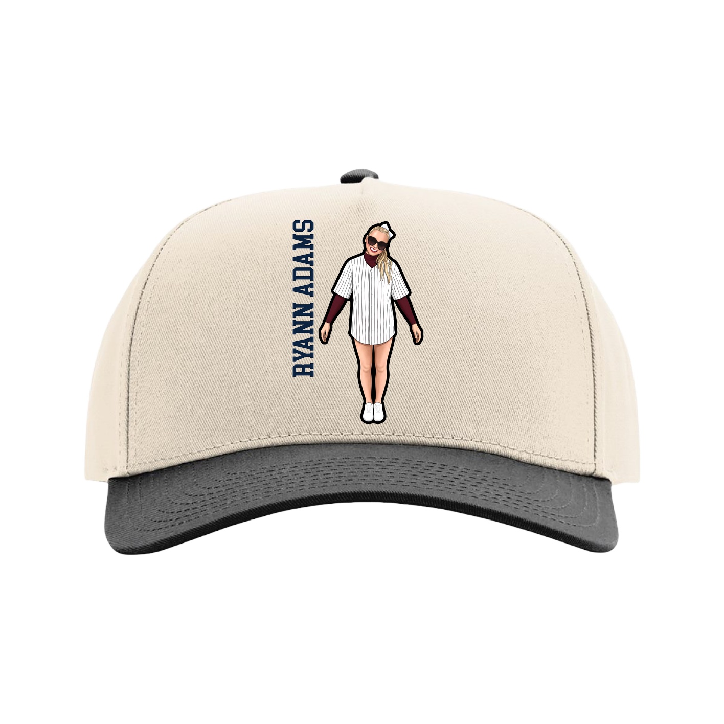 Full Fabric Five-Panel Champ Cap — Name Vertical in Cream/Black