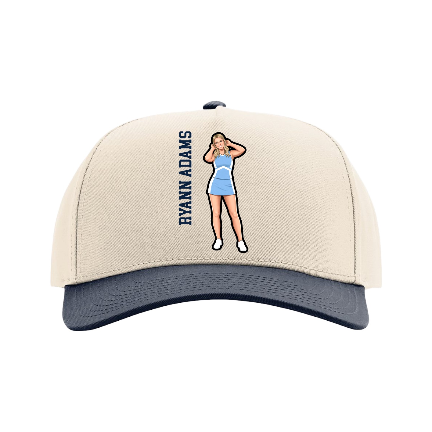 Full Fabric Five-Panel Champ Cap — Name Vertical in Cream/Navy
