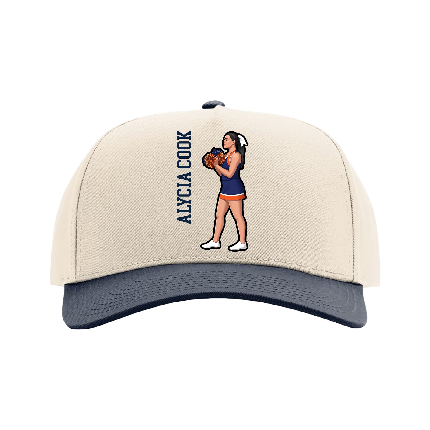 Full Fabric Five-Panel Champ Cap — Name Vertical in Cream/Navy