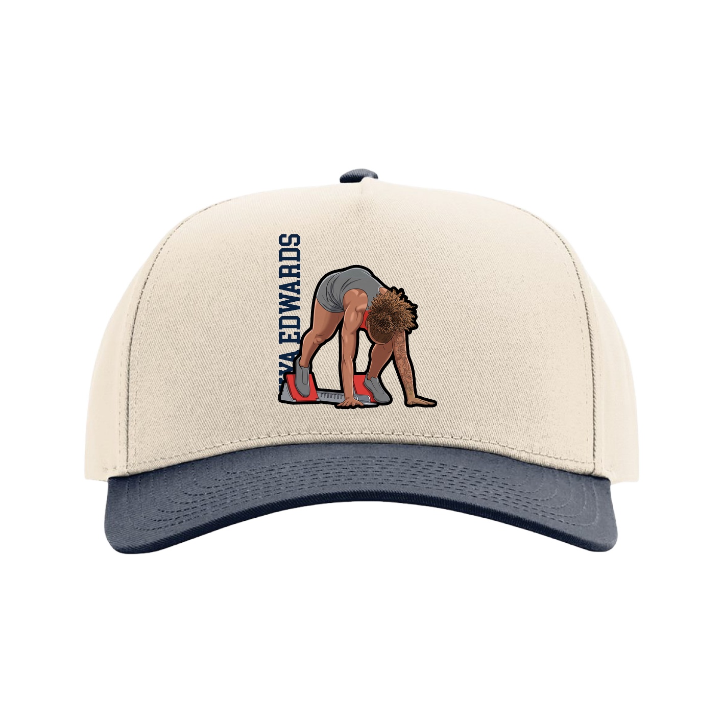 Full Fabric Five-Panel Champ Cap — Name Vertical in Cream/Navy