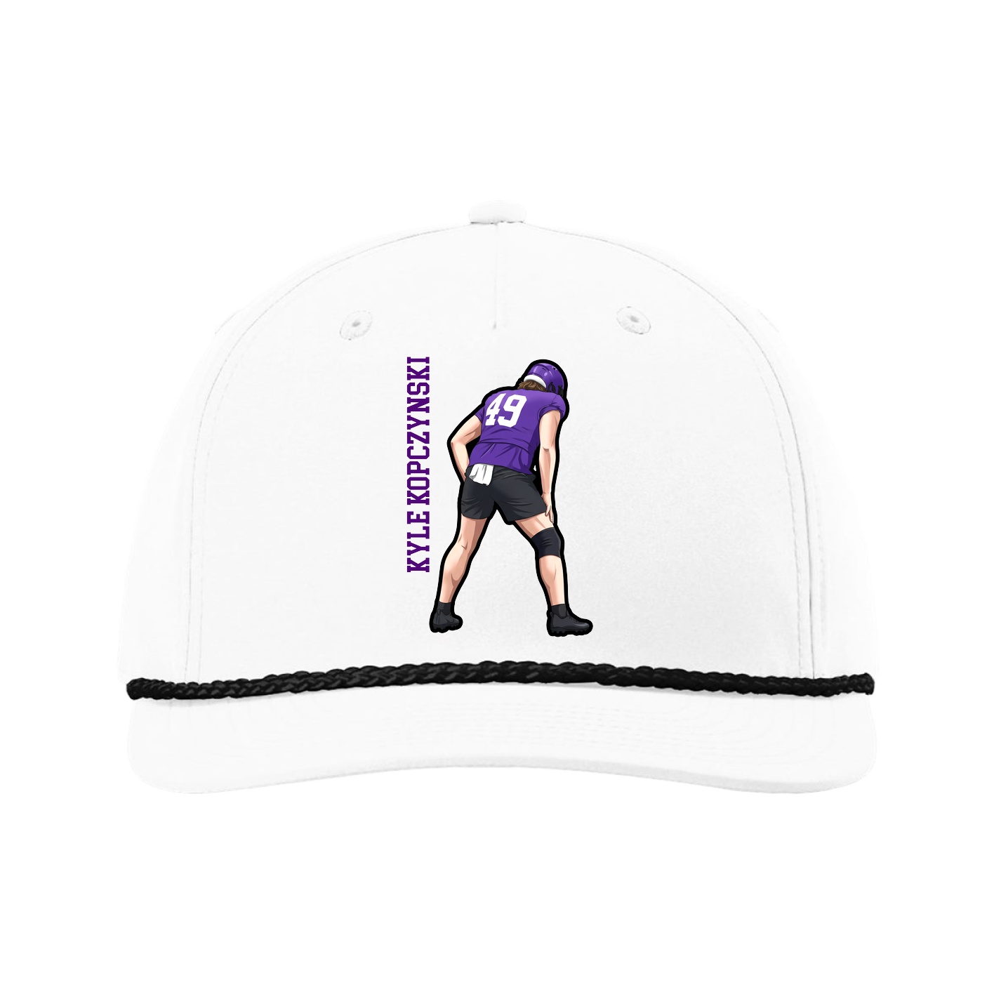 Five-Panel Classic Rope Cap — Name Vertical in White