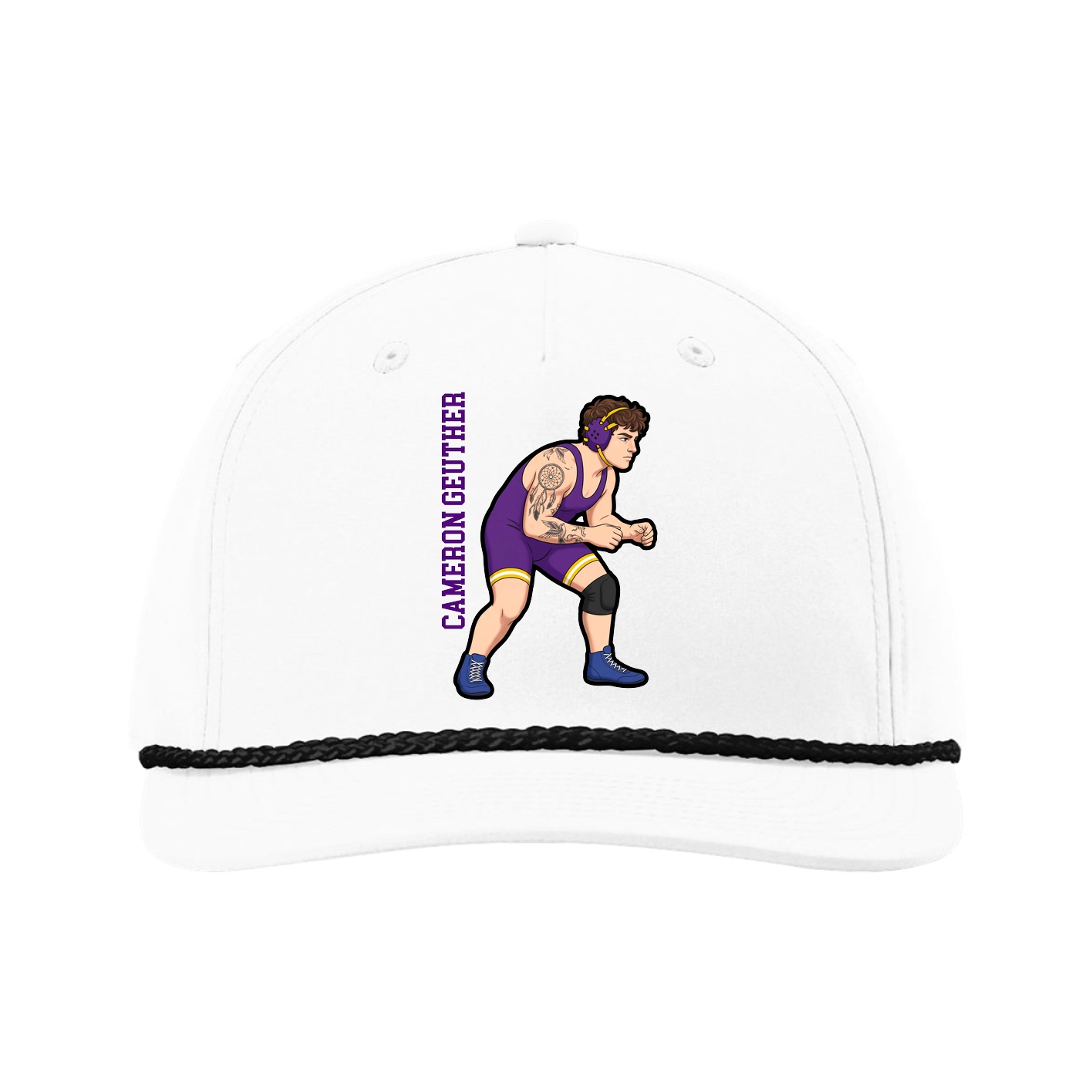 Five-Panel Classic Rope Cap — Name Vertical in White