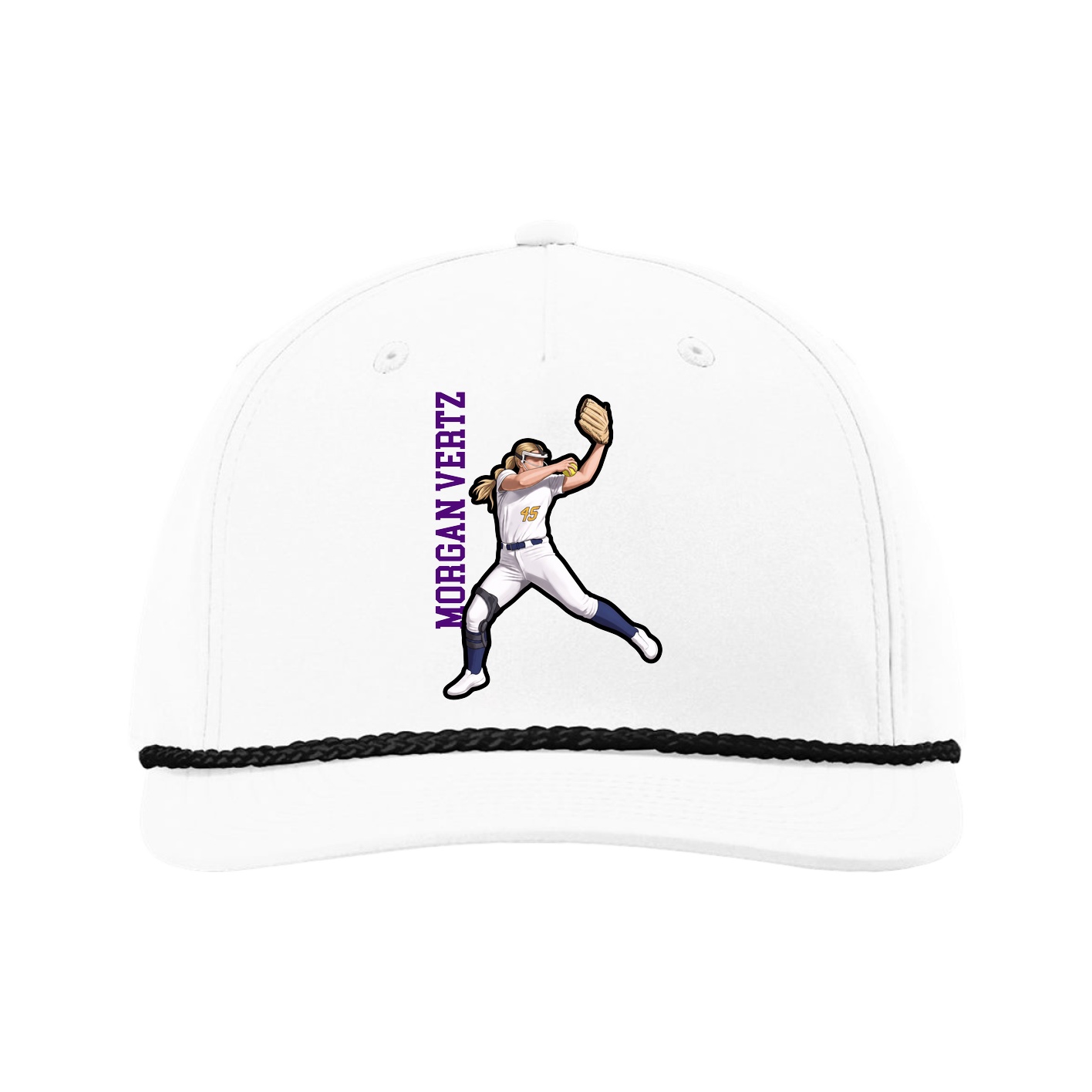 Five-Panel Classic Rope Cap — Name Vertical in White