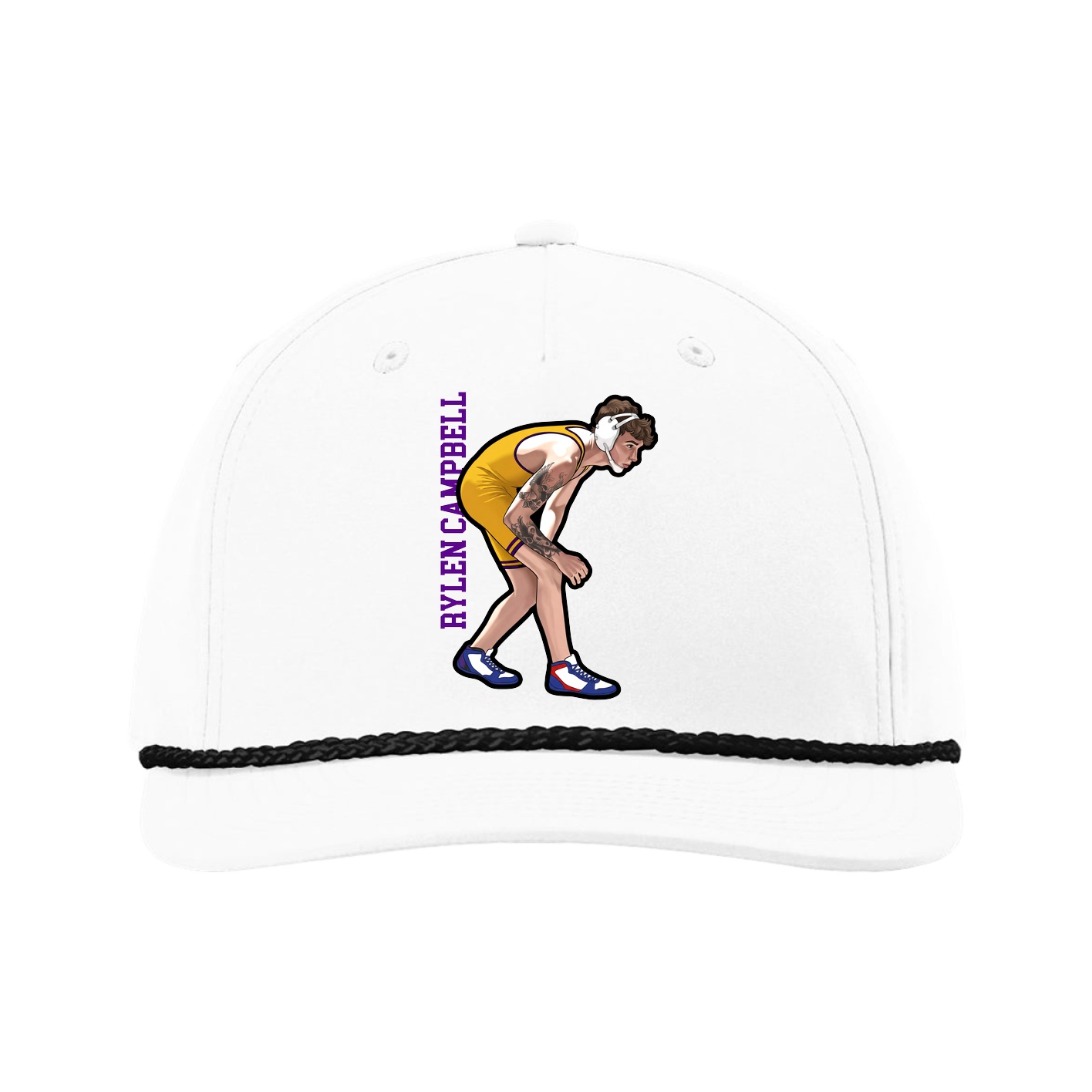 Five-Panel Classic Rope Cap — Name Vertical in White