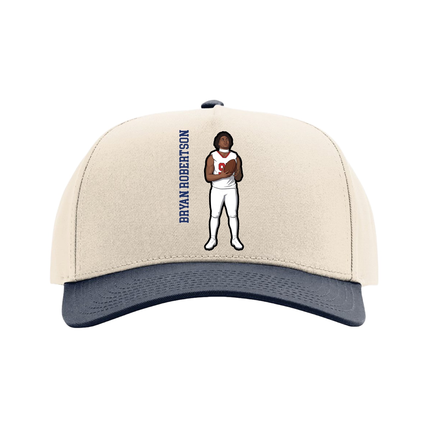 Full Fabric Five-Panel Champ Cap — Name Vertical in Cream/Navy
