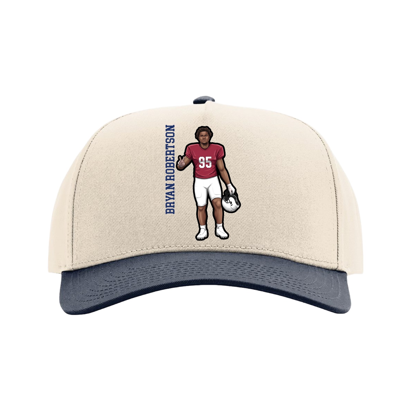 Full Fabric Five-Panel Champ Cap — Name Vertical in Cream/Navy
