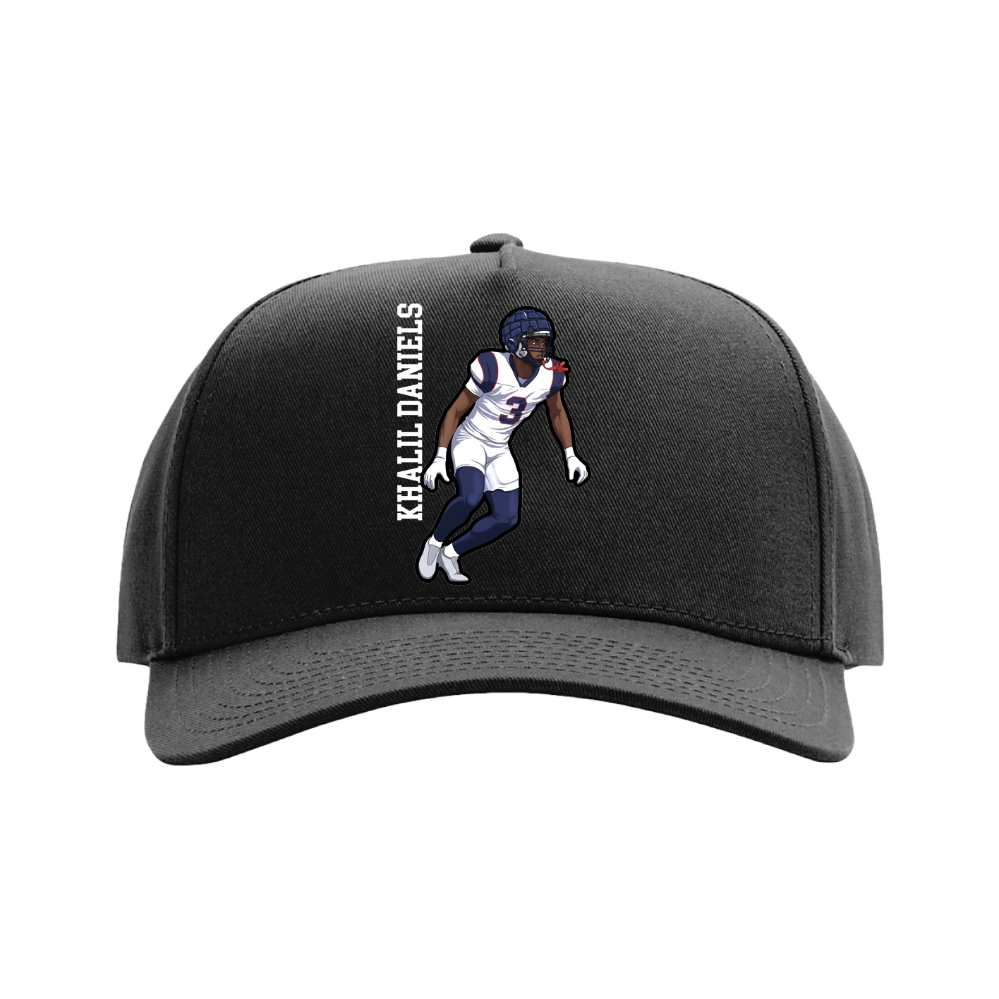 Full Fabric Five-Panel Champ Cap — Name Vertical in Black