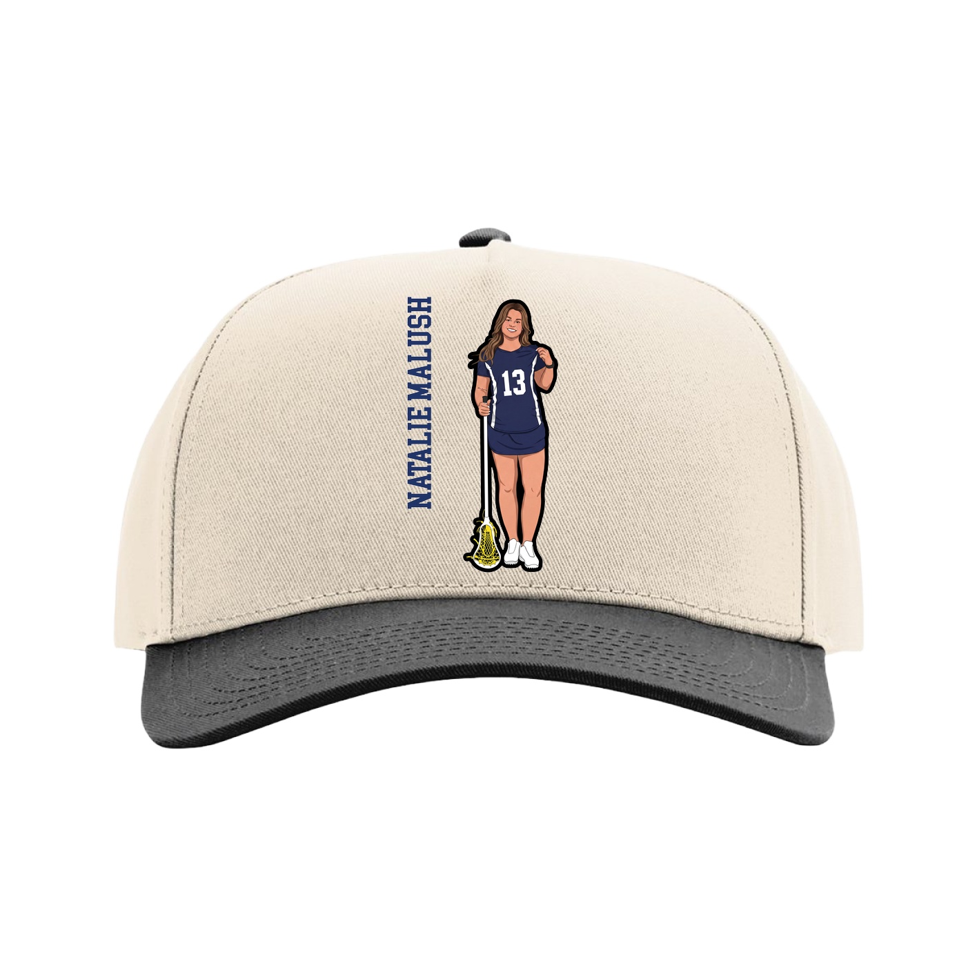 Full Fabric Five-Panel Champ Cap — Name Vertical in Cream/Black