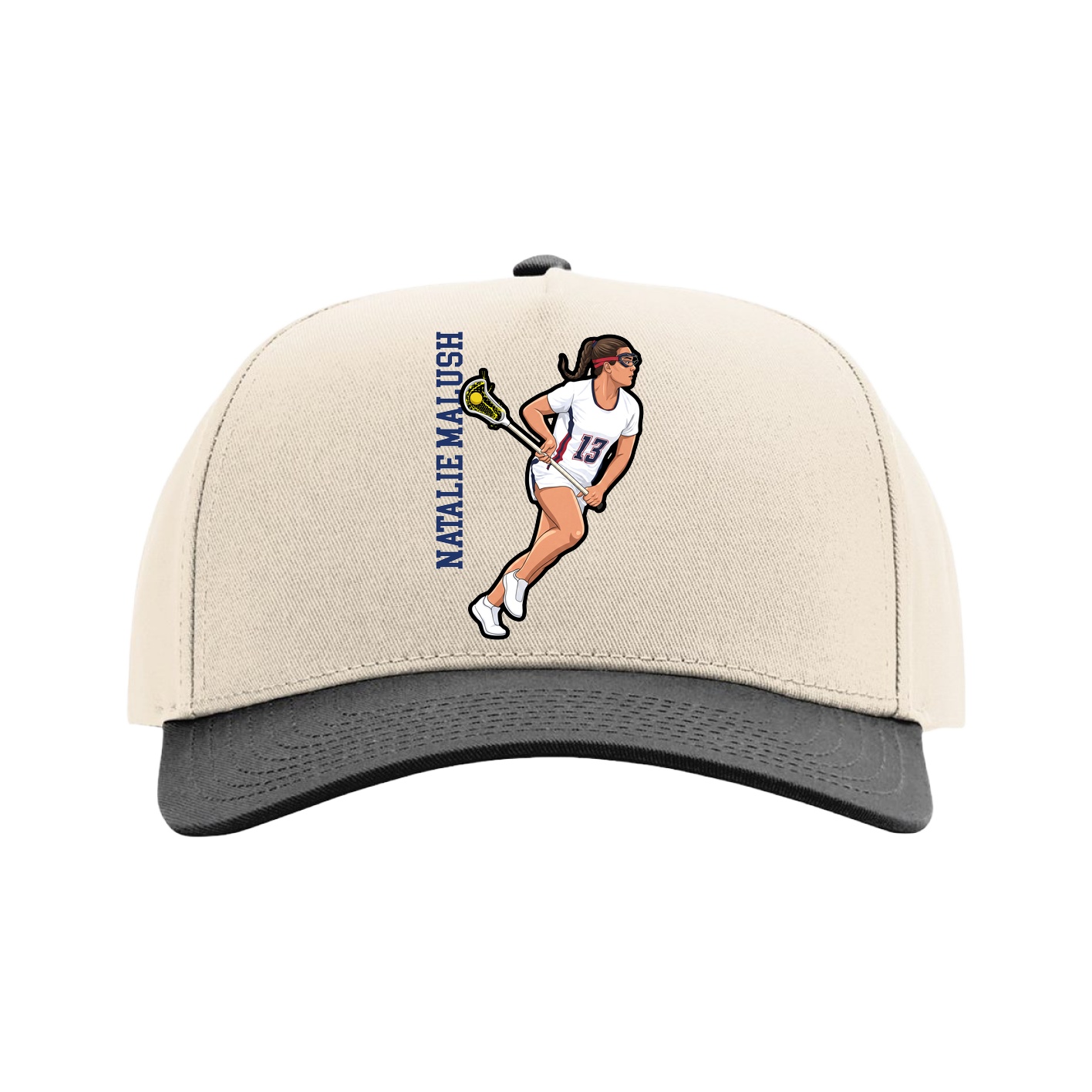 Full Fabric Five-Panel Champ Cap — Name Vertical in Cream/Black
