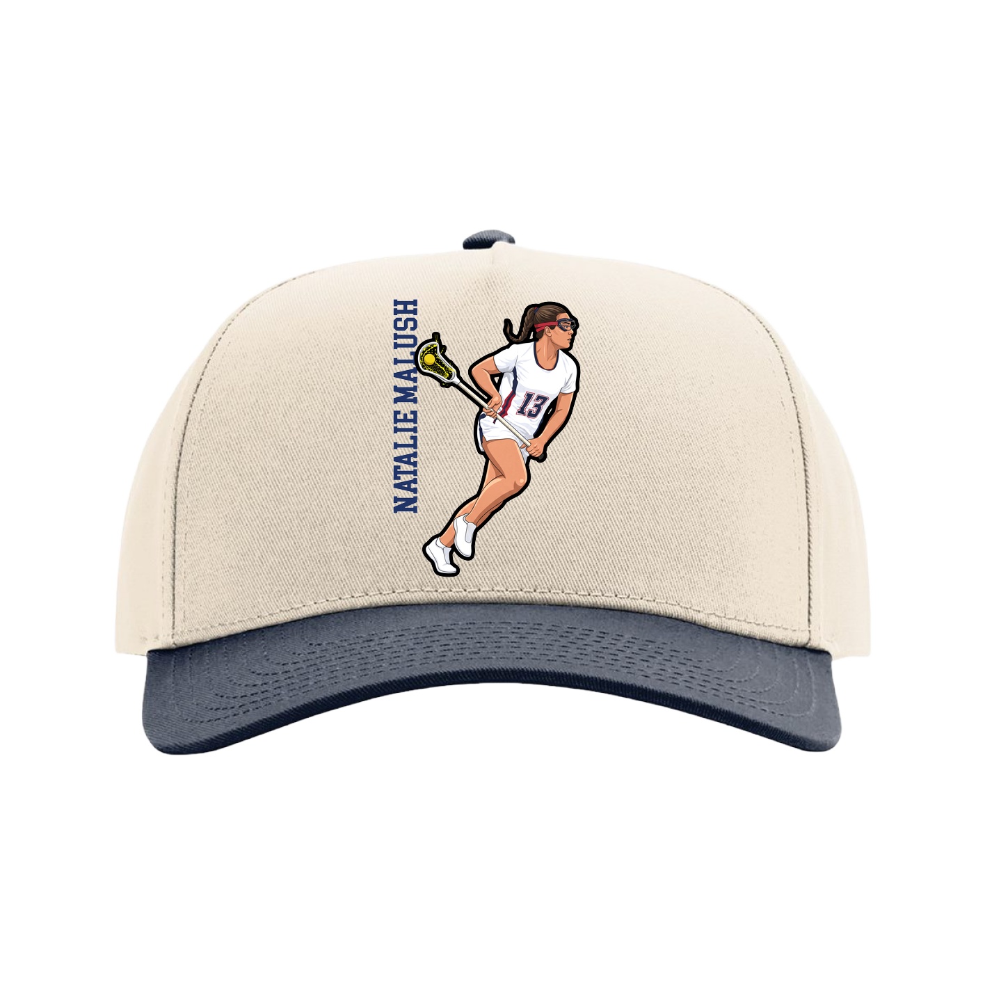 Full Fabric Five-Panel Champ Cap — Name Vertical in Cream/Navy