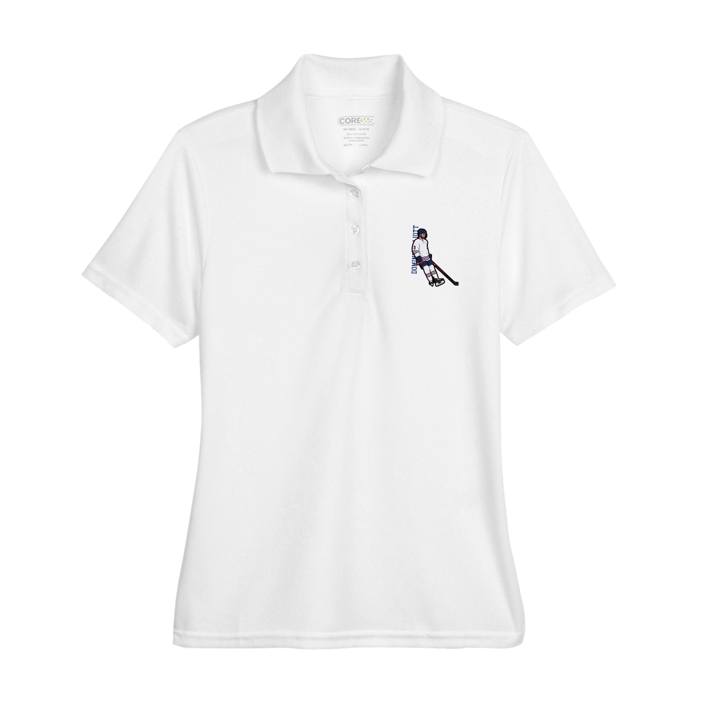 Womens Performance Polo — Name Vertical in White