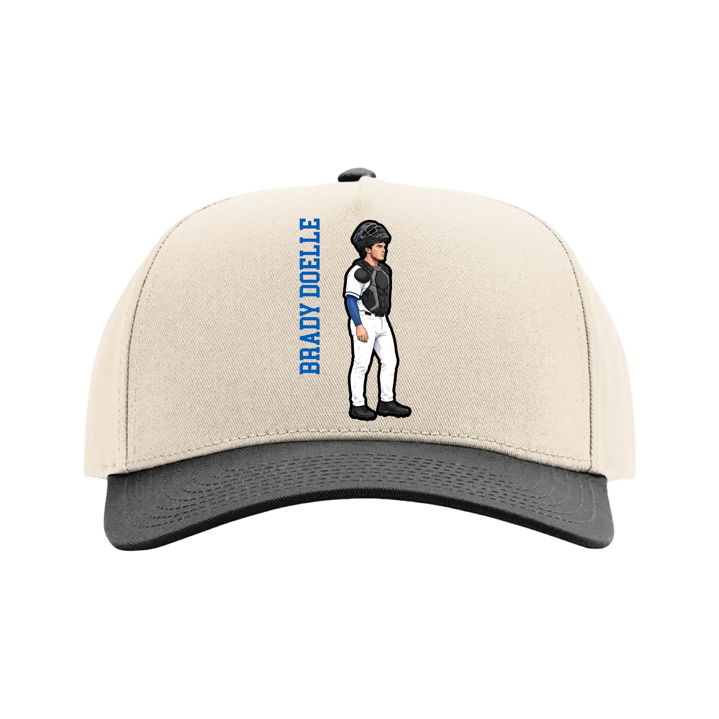 Full Fabric Five-Panel Champ Cap — Name Vertical in Cream/Black