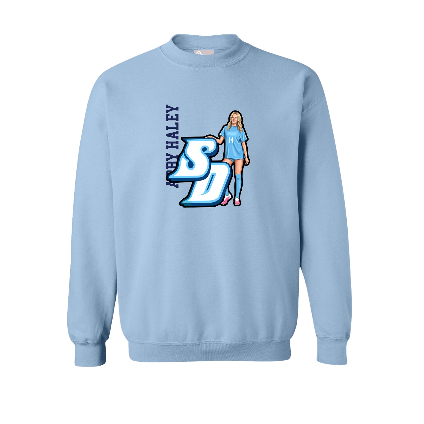 Fleece Crew — Name Vertical in Light Blue