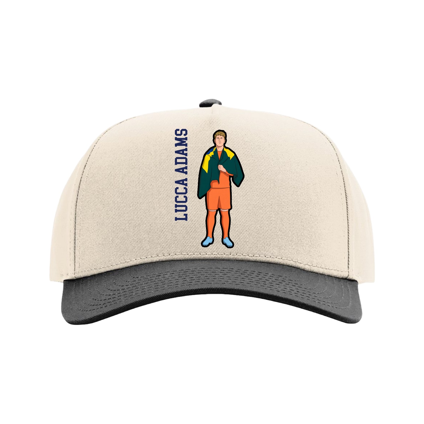 Full Fabric Five-Panel Champ Cap — Name Vertical in Cream/Black