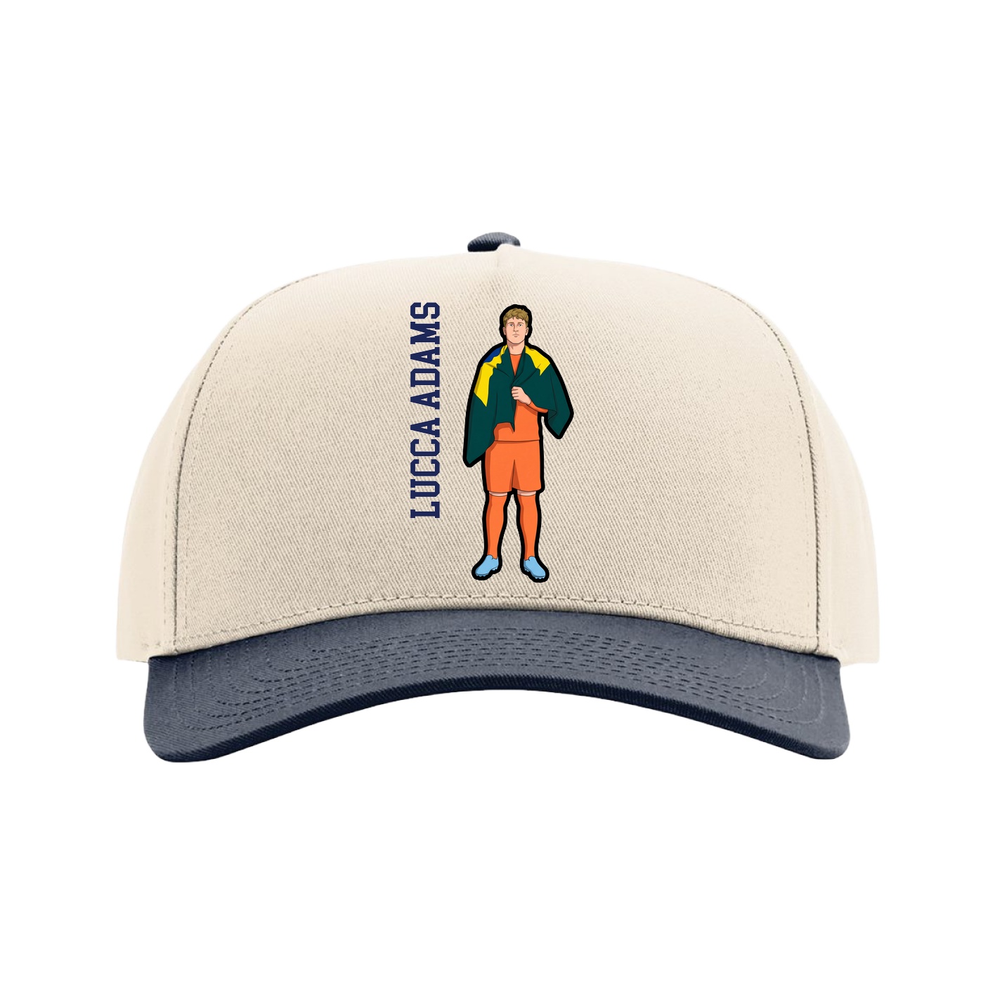 Full Fabric Five-Panel Champ Cap — Name Vertical in Cream/Navy