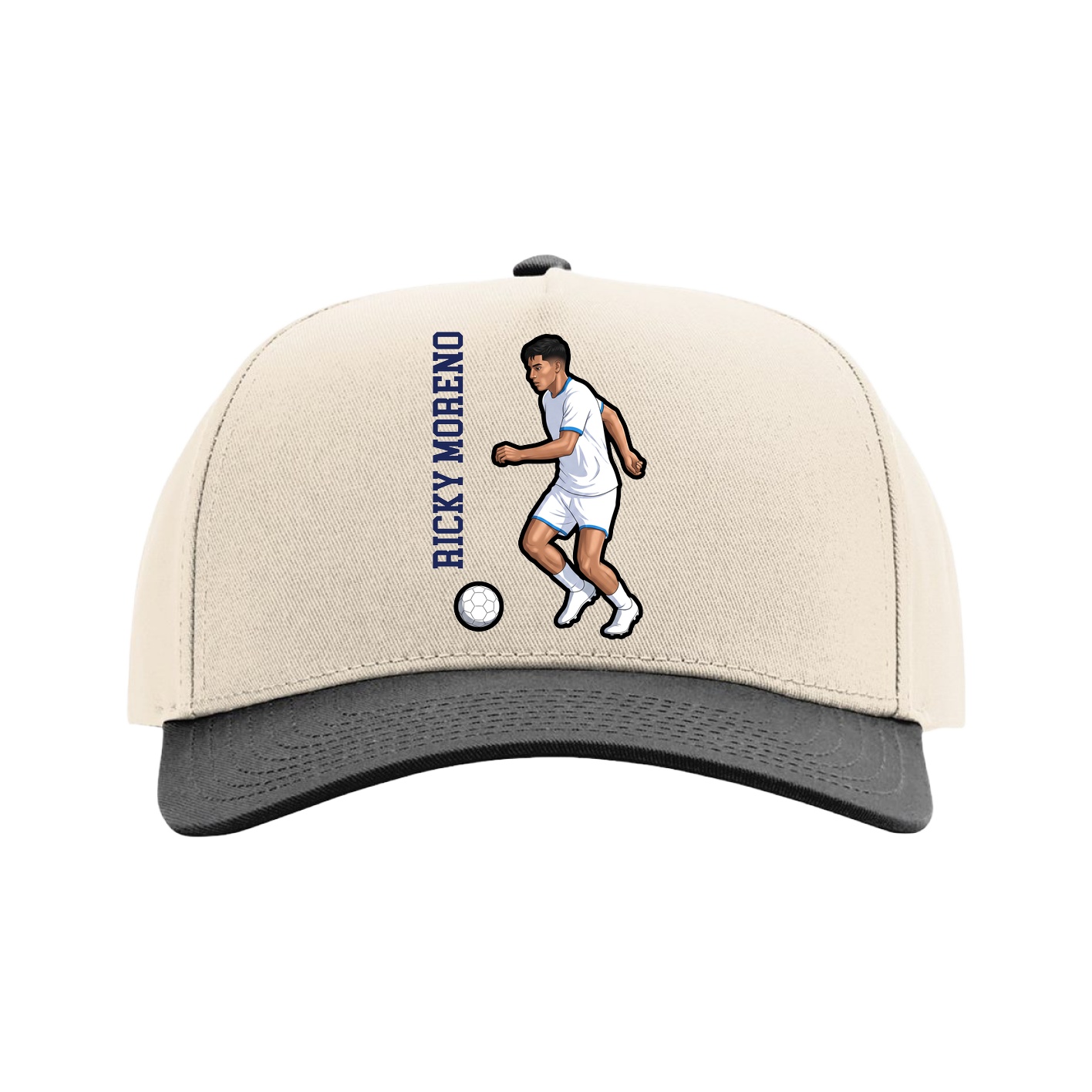 Full Fabric Five-Panel Champ Cap — Name Vertical in Cream/Black