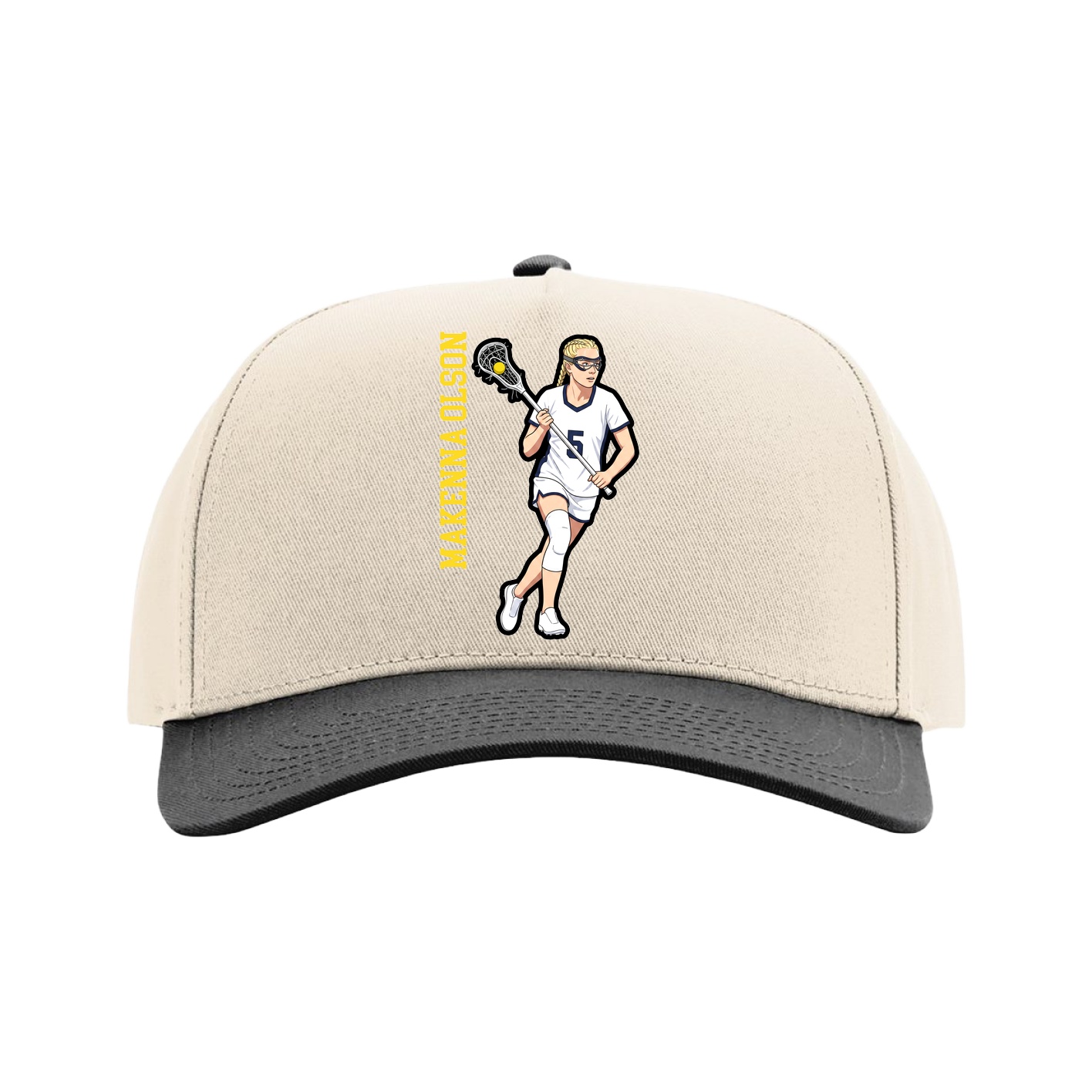 Full Fabric Five-Panel Champ Cap — Name Vertical in Cream/Black