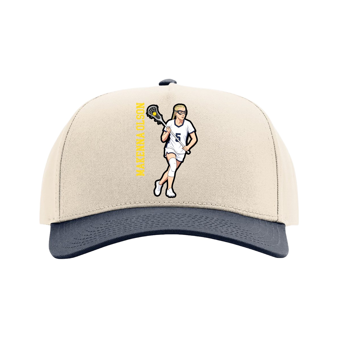 Full Fabric Five-Panel Champ Cap — Name Vertical in Cream/Navy