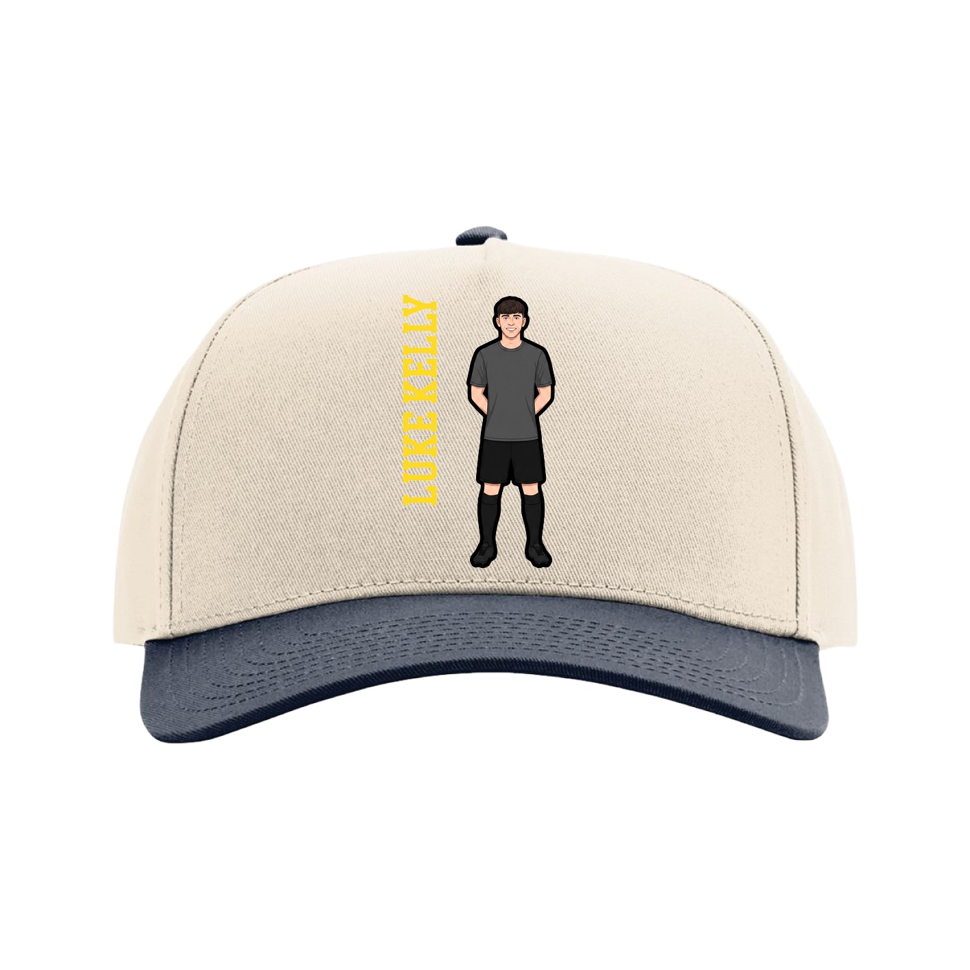 Full Fabric Five-Panel Champ Cap — Name Vertical in Cream/Navy