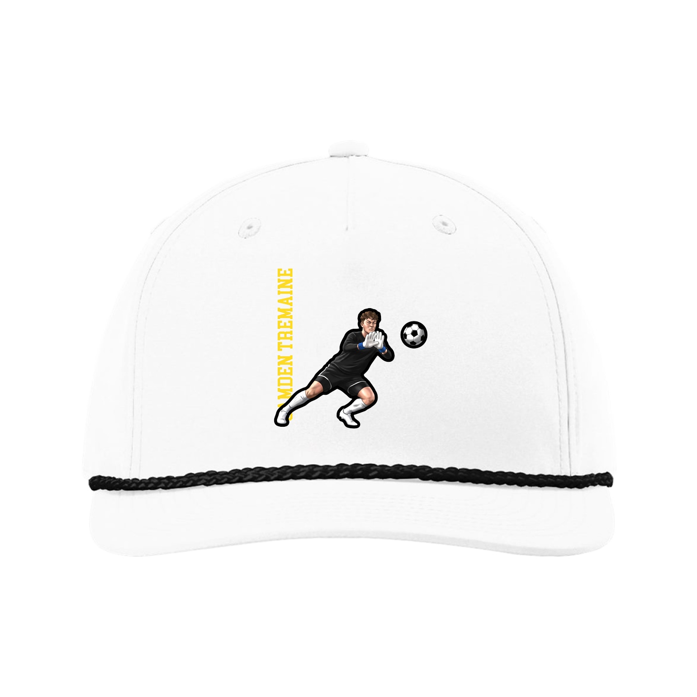 Five-Panel Classic Rope Cap — Name Vertical in White