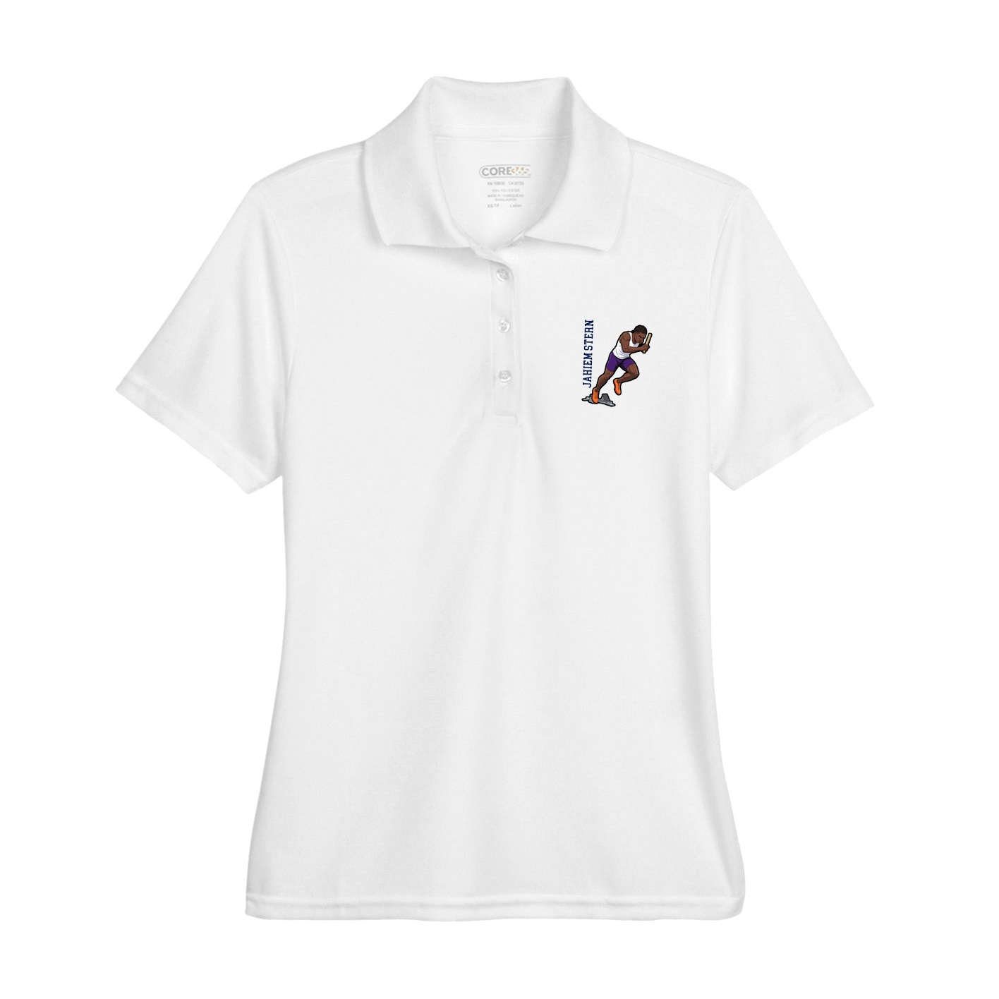 Womens Performance Polo — Name Vertical in White