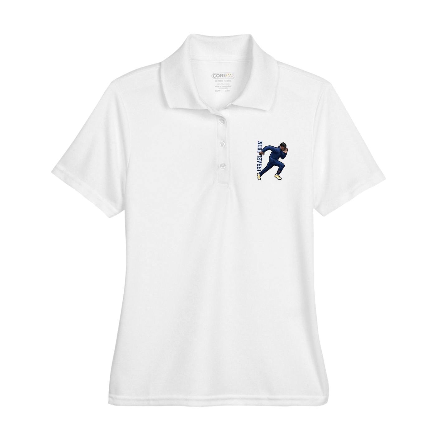 Womens Performance Polo — Name Vertical in White