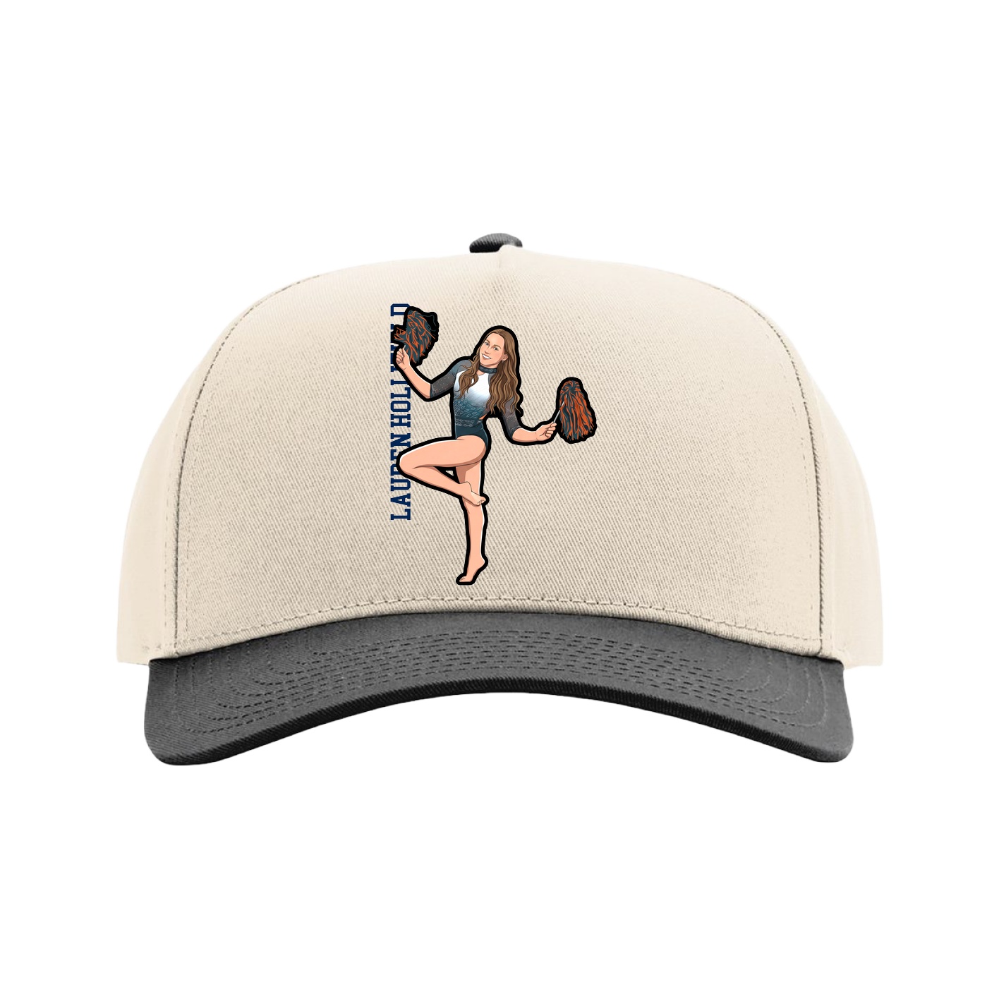 Full Fabric Five-Panel Champ Cap — Name Vertical in Cream/Black