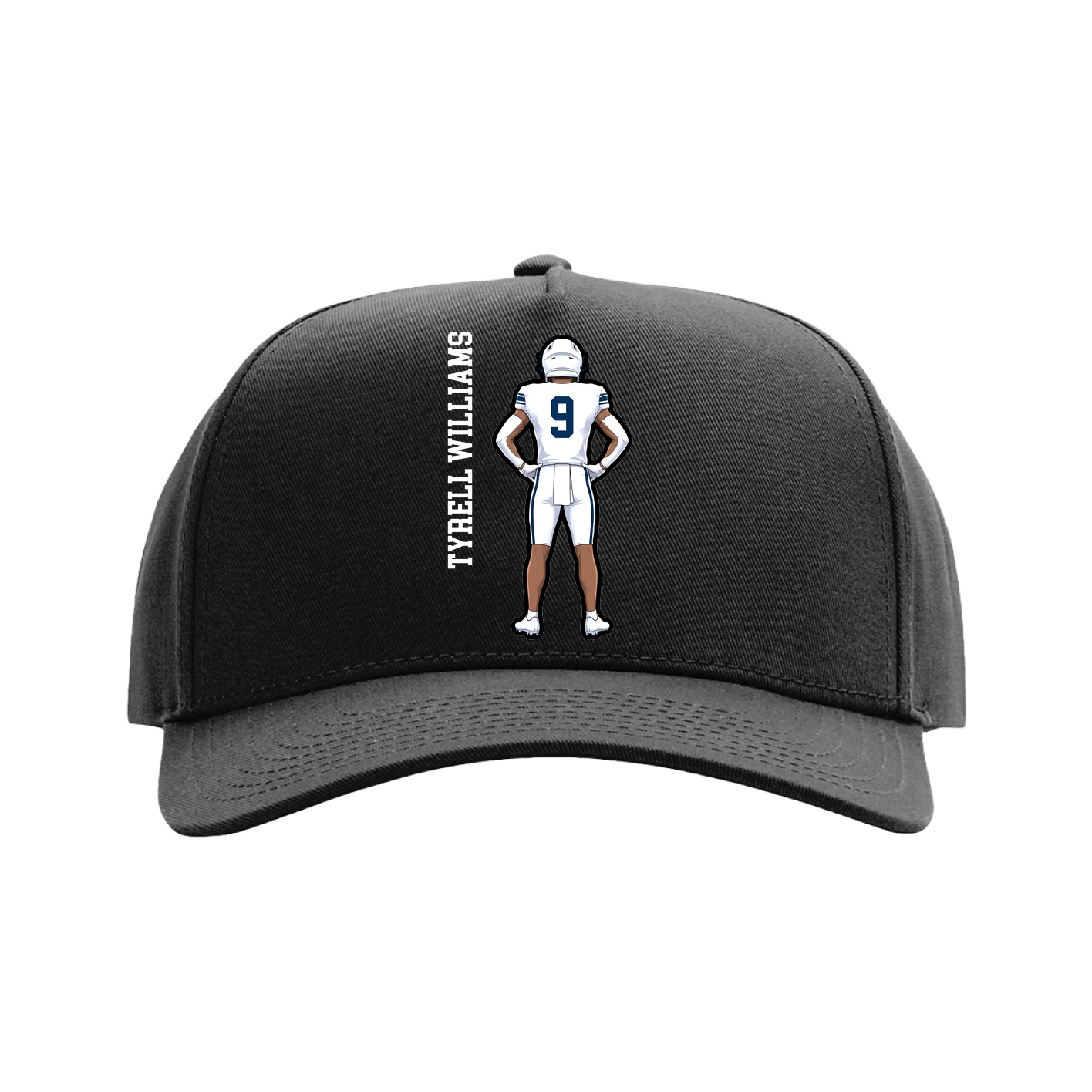 Full Fabric Five-Panel Champ Cap — Name Vertical in Black