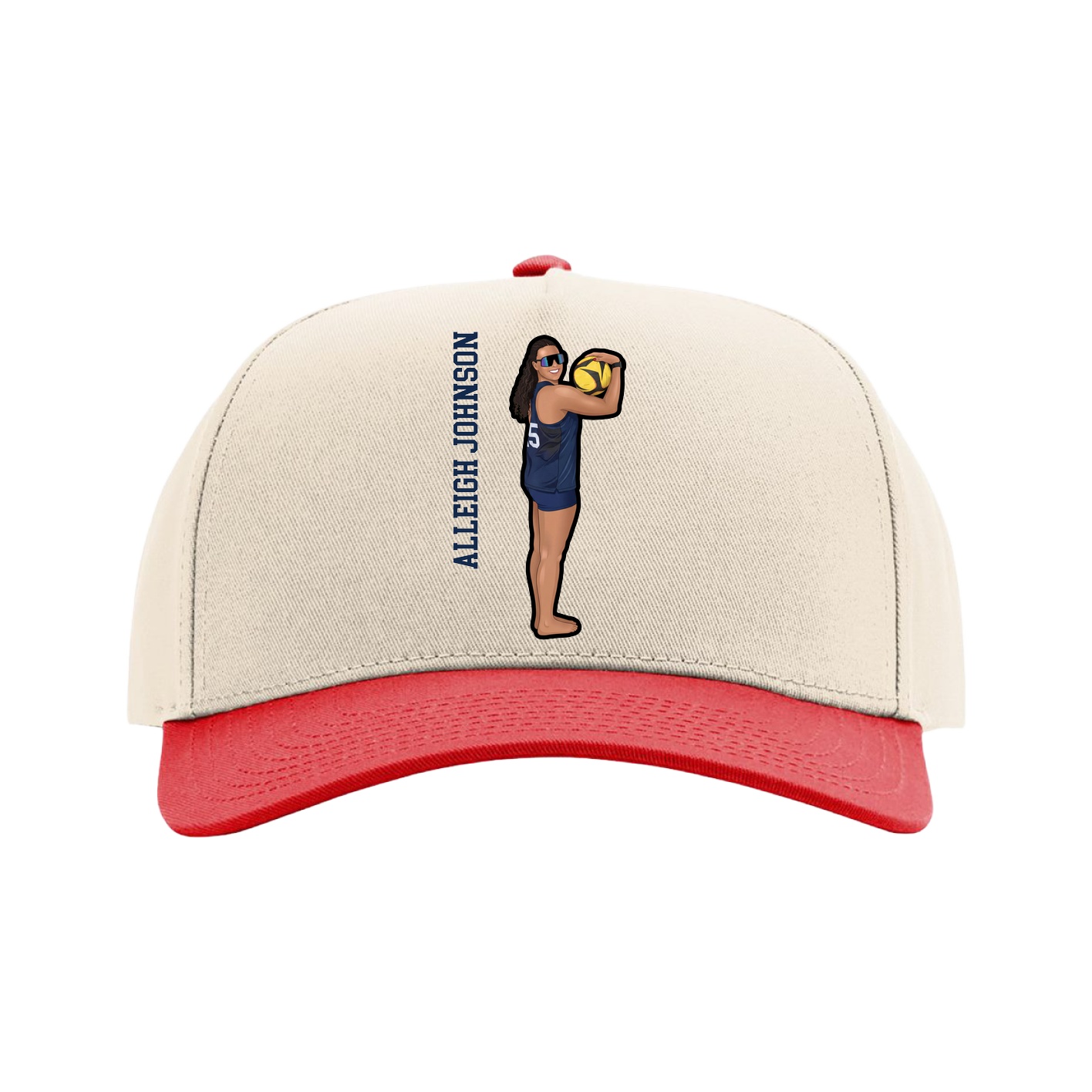 Full Fabric Five-Panel Champ Cap — Name Vertical in Cream/Red